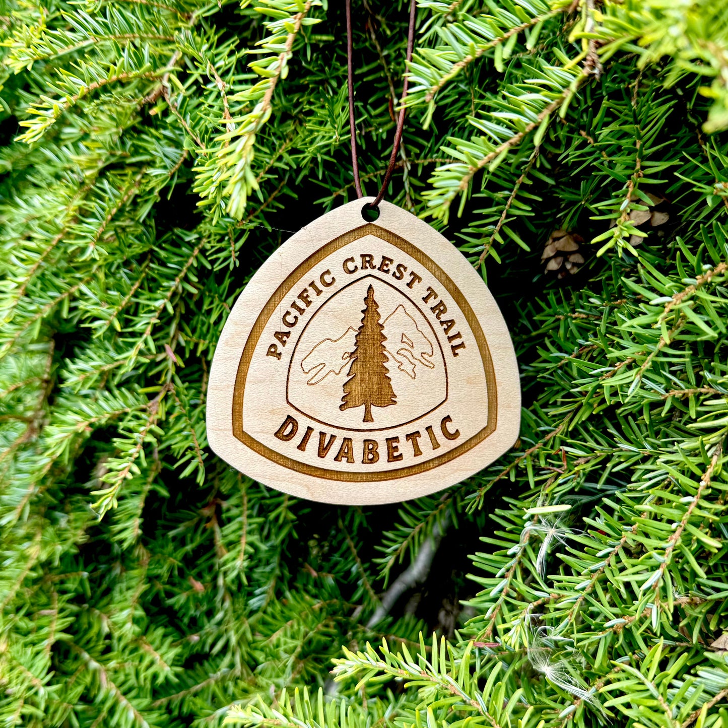 Personalized Pacific Crest Trail wooden name tag with custom engraving, Pacific Crest Trail custom backpack tag for thru-hikers, Custom engraved Pacific Crest Trail wooden tag photographed on hiking gear, Eco-friendly Pacific Crest Trail personalized tag gift for hikers, Pacific Crest Trail custom wooden ornament with engraved trail name, Handmade Pacific Crest Trail trail name tag made from reclaimed wood, Laser engraved Pacific Crest Trail backpack tag with trail name