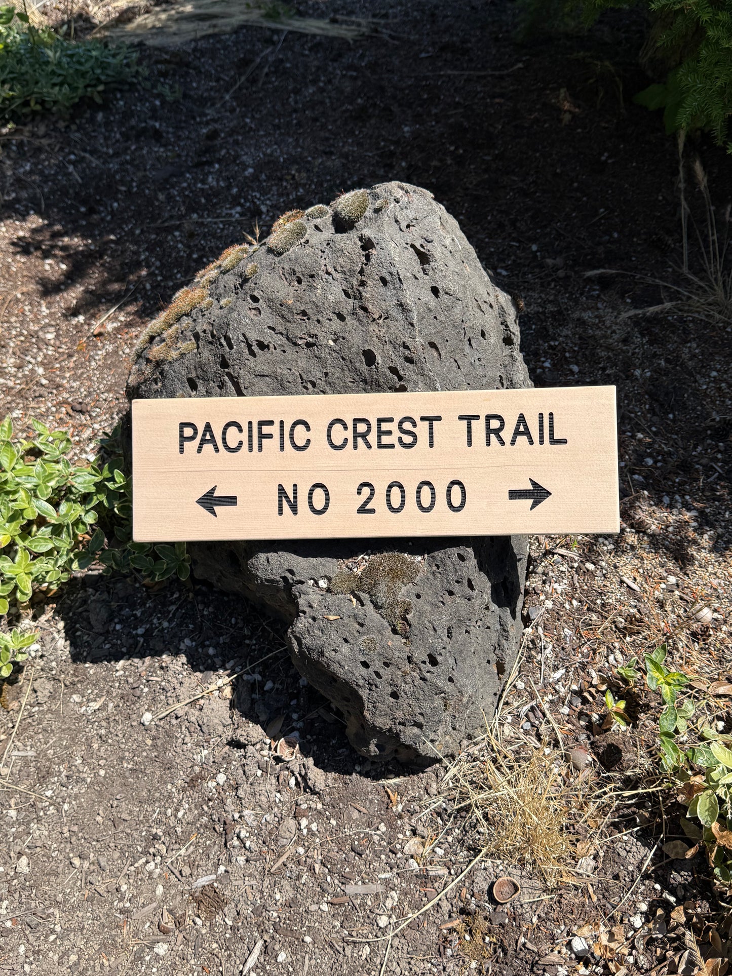Wooden sign indicating 'Pacific Crest Trail No 2000' on a rock in a natural setting.