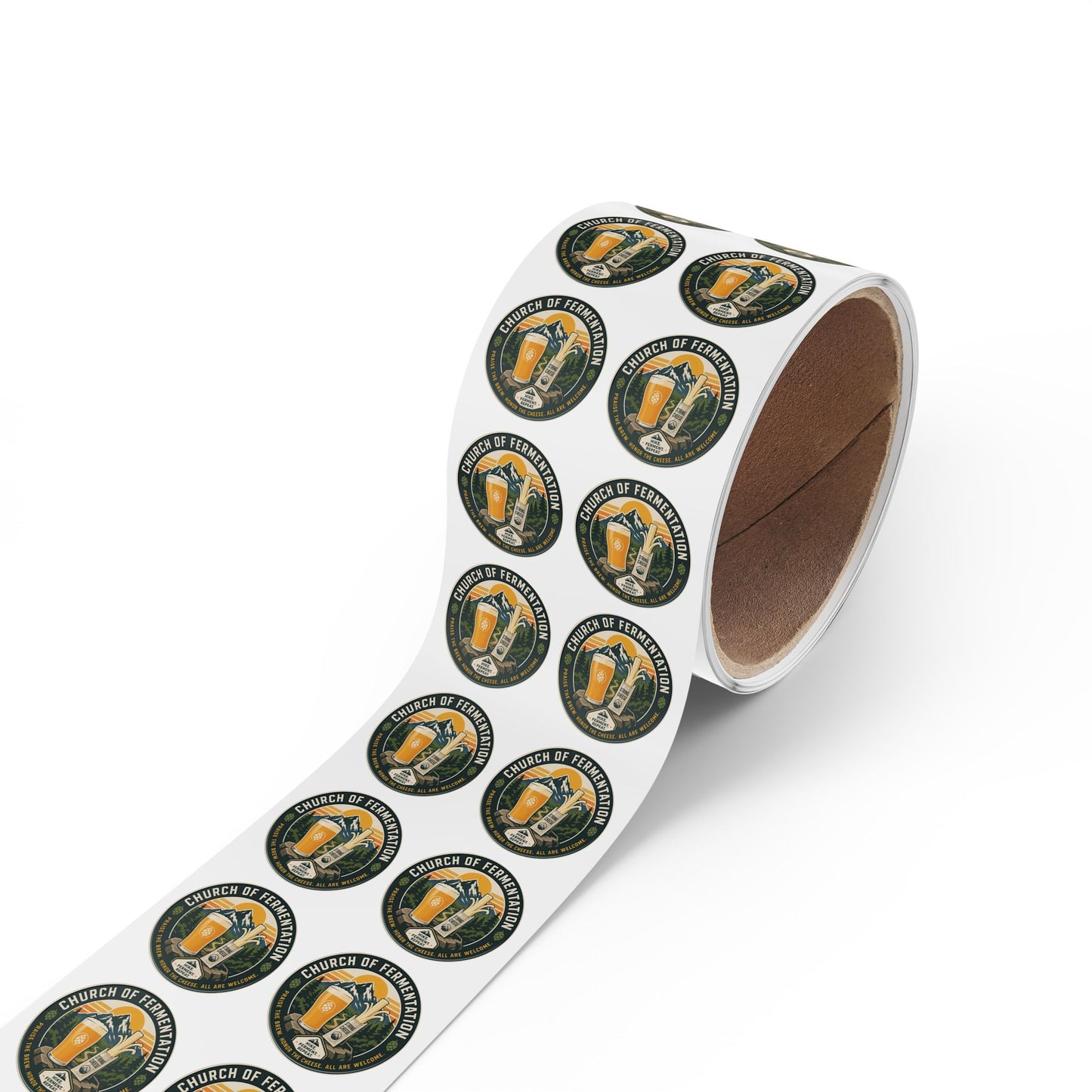 Round Sticker Rolls — 'Church of Fermentation' Beer & Cheese Brewing Label