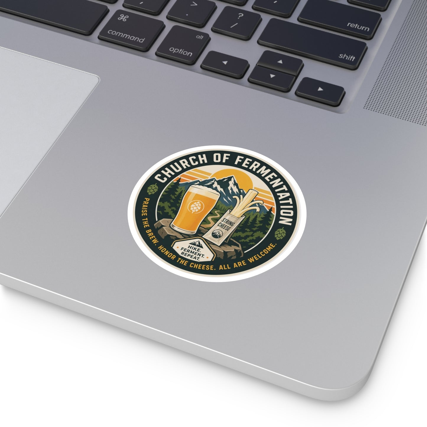Church of Fermentation Round Sticker — Beer & Cheese Hiking Decal