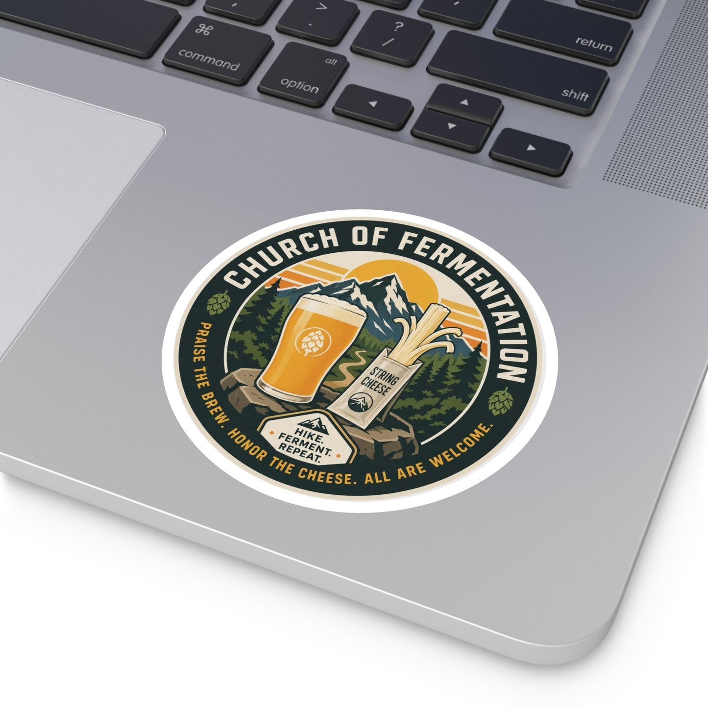 Church of Fermentation Round Sticker — Beer & Cheese Hiking Decal