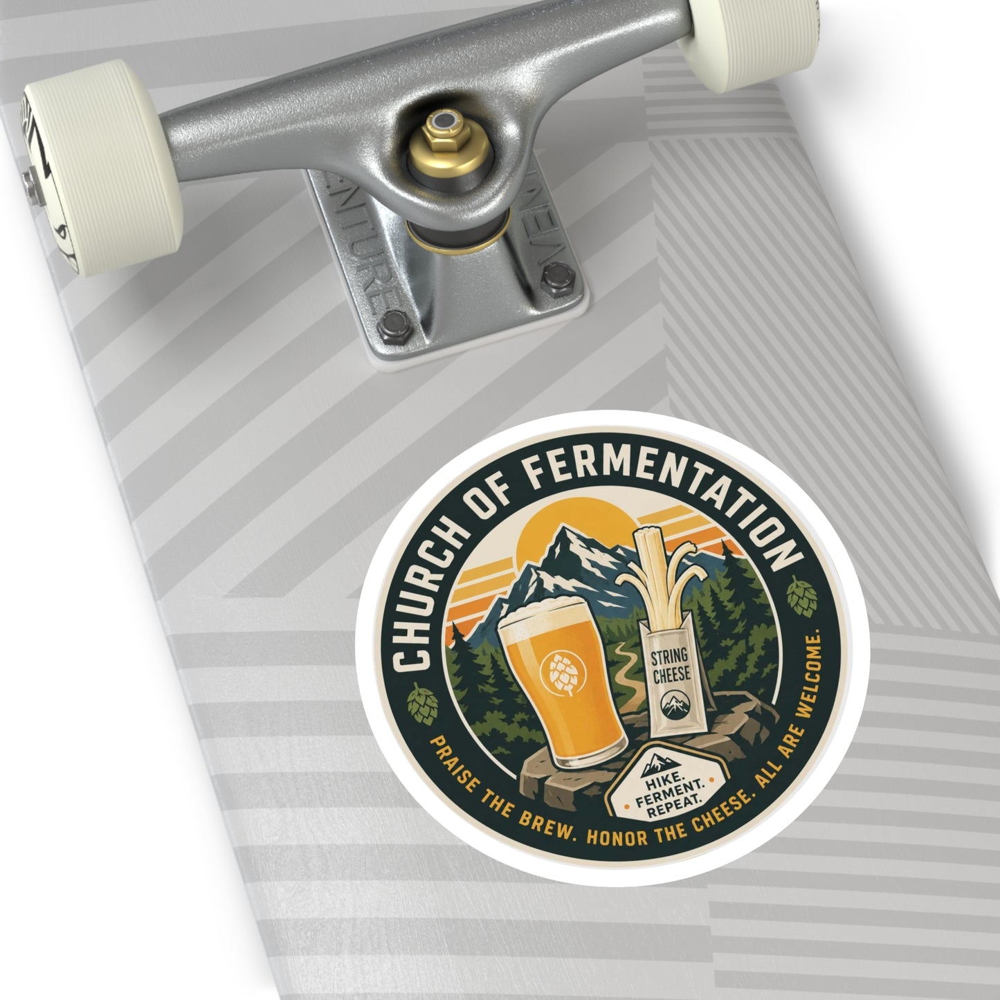 Church of Fermentation Round Sticker — Beer & Cheese Hiking Decal