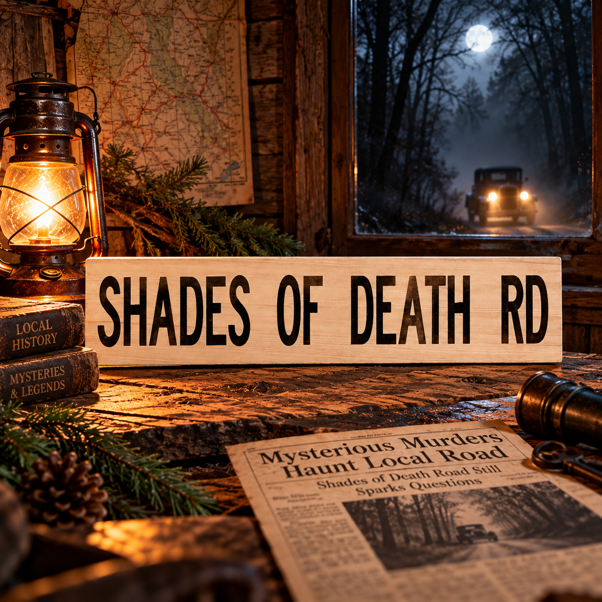 Shades of Death Road Wood Sign – Rustic Horror & Roadside Decor