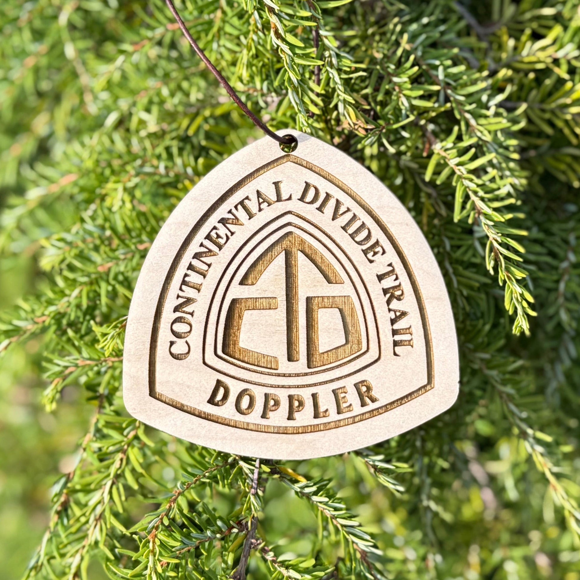 Personalized Continental Divide Trail backpack tag engraved with hiker’s trail name. Lightweight reclaimed wood gear, perfect CDT thru-hiker gift, trail angel surprise, or hiking ornament. Eco-friendly and handmade in the Pacific Northwest.