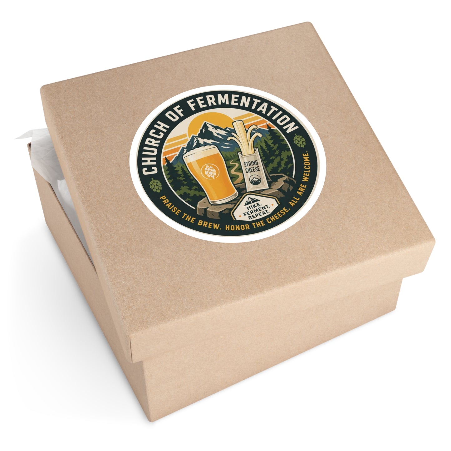 Church of Fermentation Round Sticker — Beer & Cheese Hiking Decal