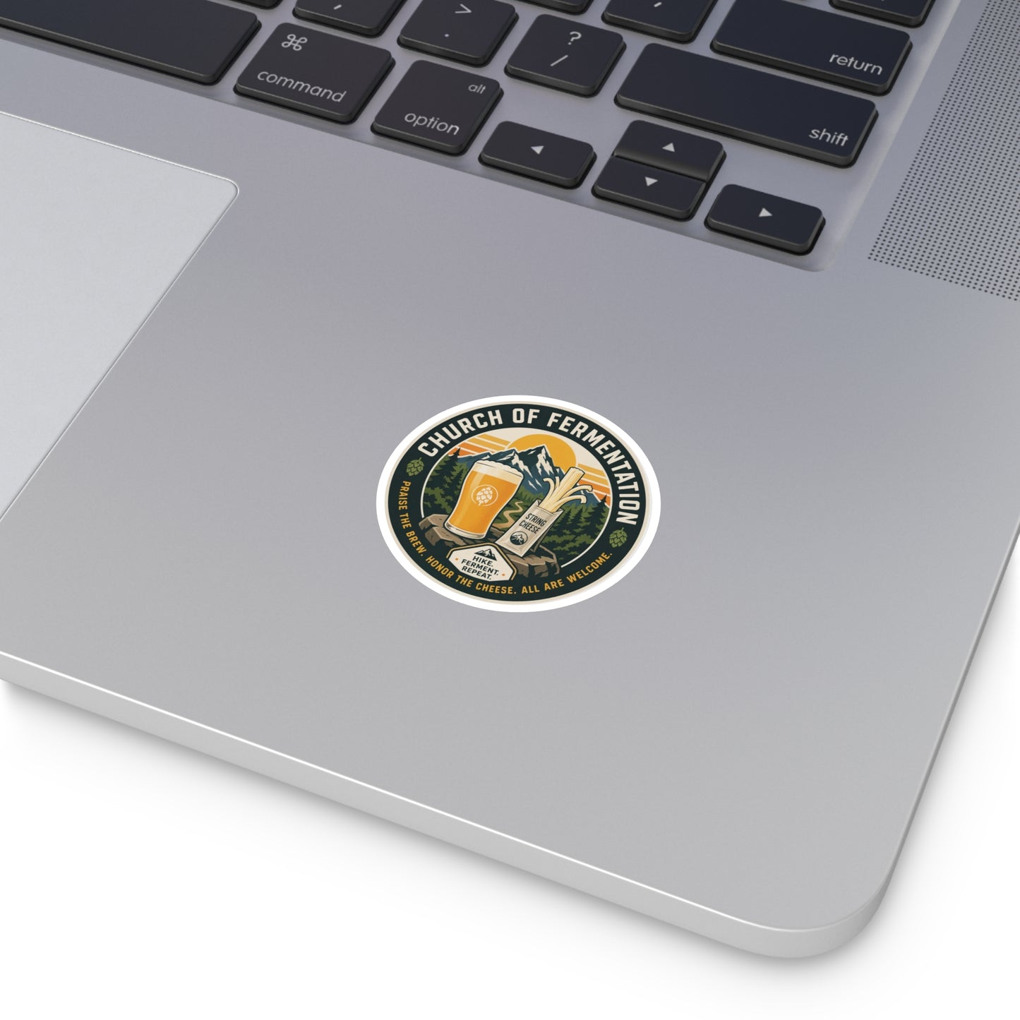 Church of Fermentation Round Sticker — Beer & Cheese Hiking Decal