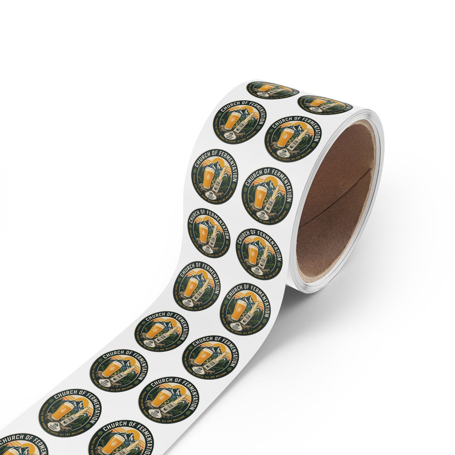 Round Sticker Rolls — 'Church of Fermentation' Beer & Cheese Brewing Label