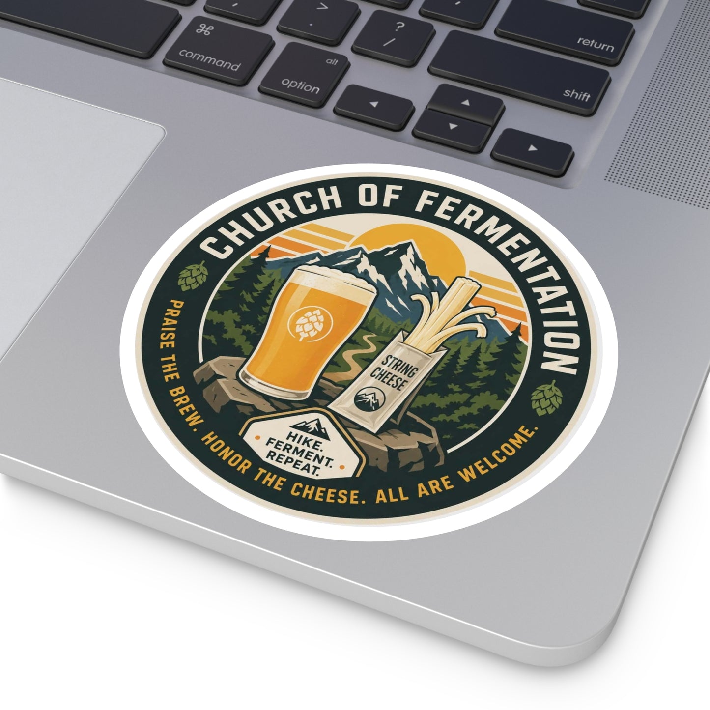 Church of Fermentation Round Sticker — Beer & Cheese Hiking Decal
