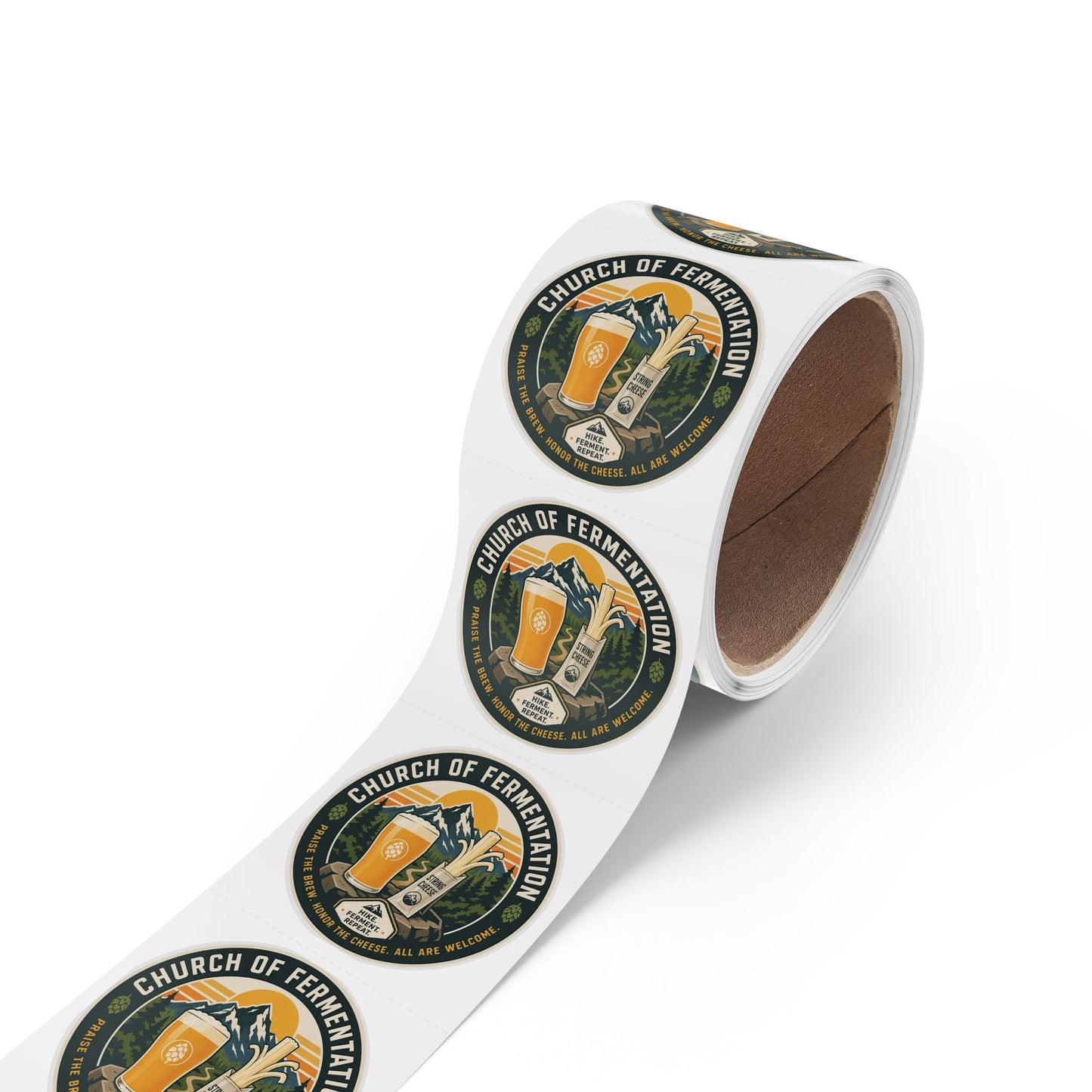 Round Sticker Rolls — 'Church of Fermentation' Beer & Cheese Brewing Label