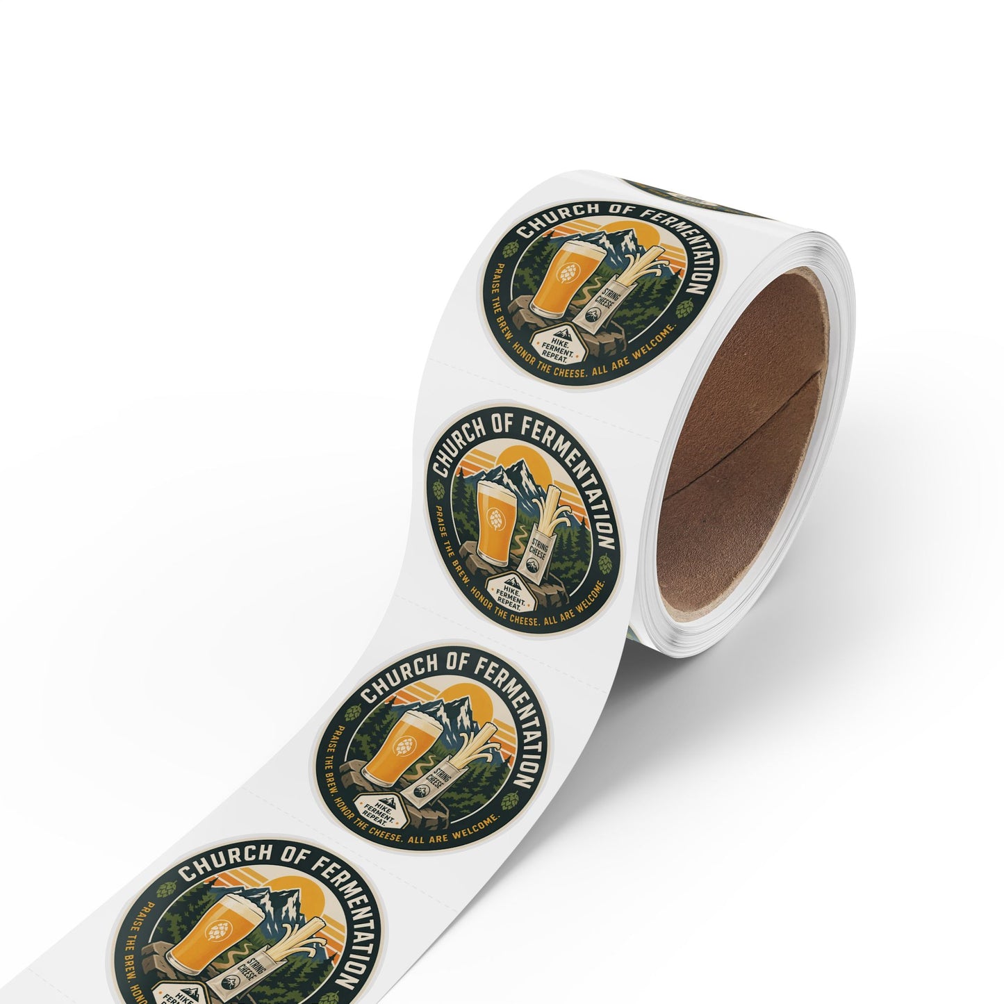 Round Sticker Rolls — 'Church of Fermentation' Beer & Cheese Brewing Label