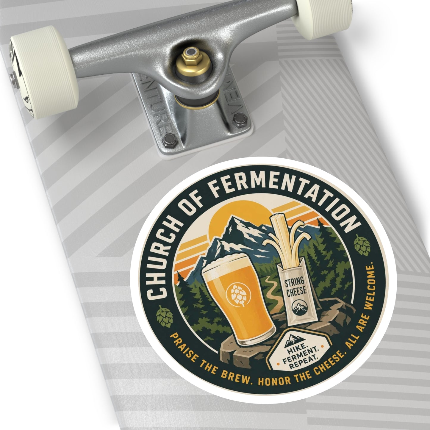 Church of Fermentation Round Sticker — Beer & Cheese Hiking Decal