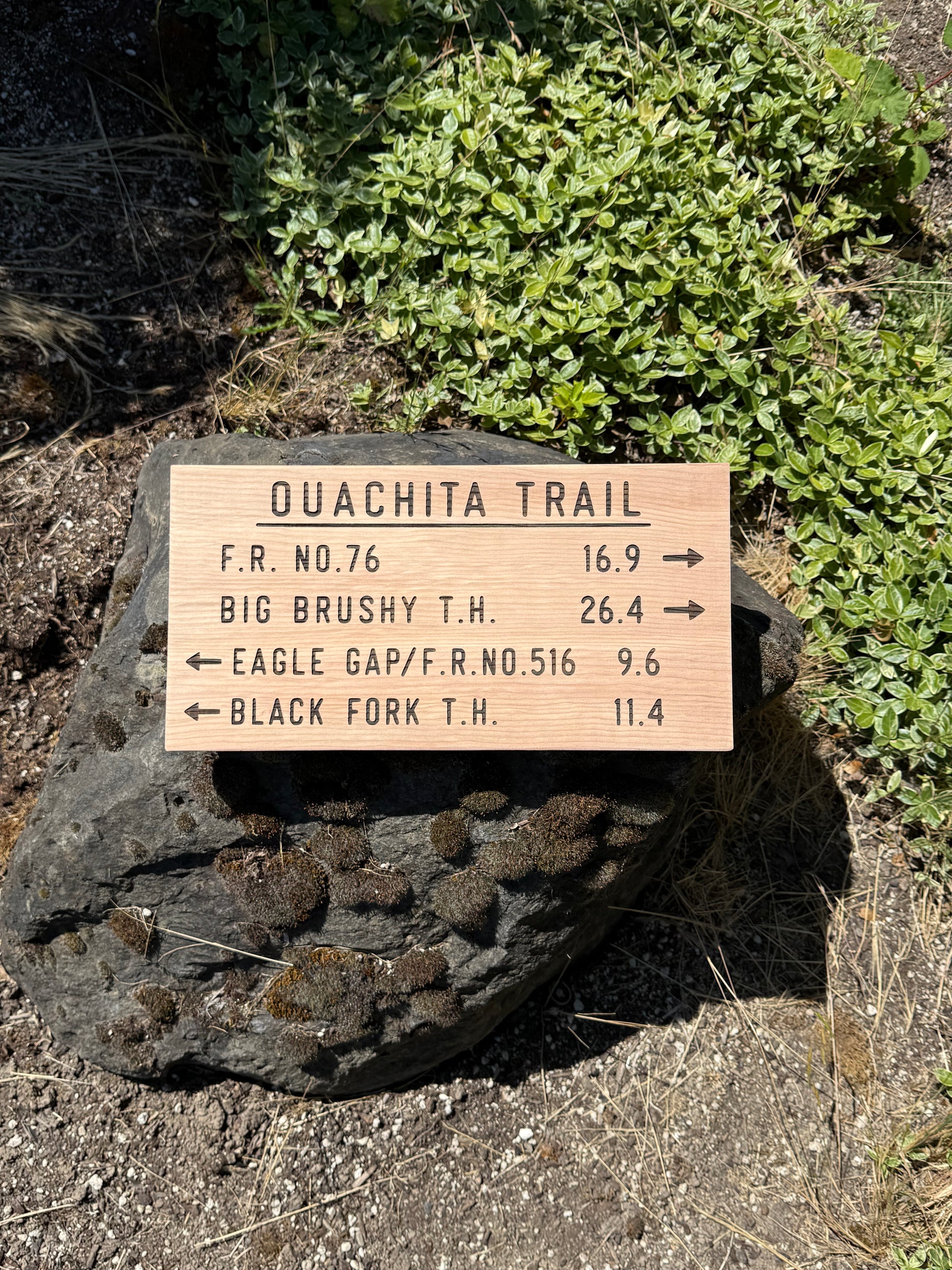 Wooden trail sign on a rock with directional distances to various trailheads.
