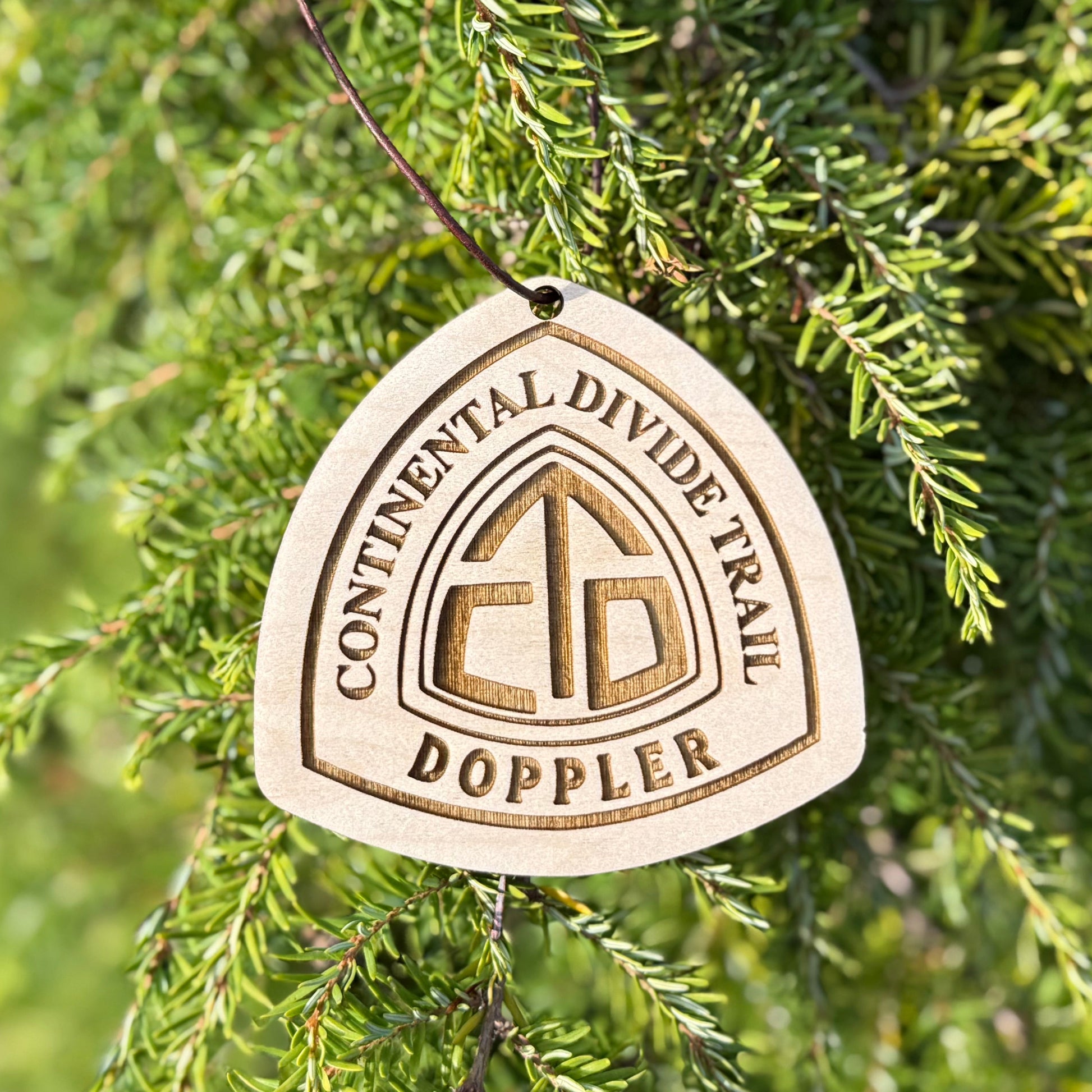 Personalized Continental Divide Trail backpack tag engraved with hiker’s trail name. Lightweight reclaimed wood gear, perfect CDT thru-hiker gift, trail angel surprise, or hiking ornament. Eco-friendly and handmade in the Pacific Northwest.
