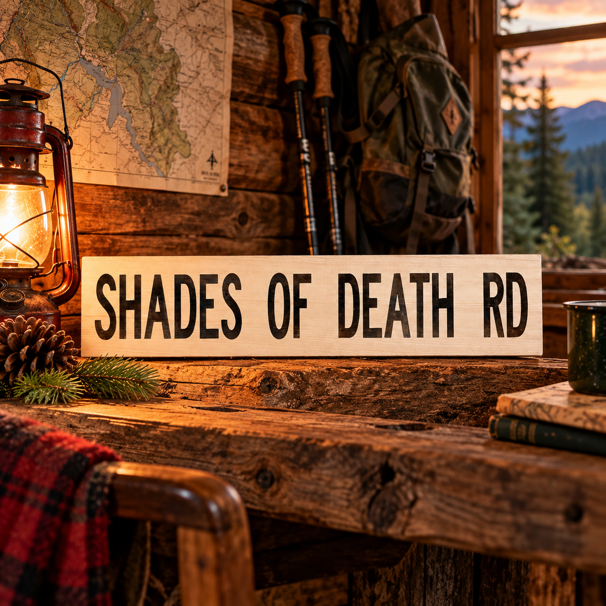 Shades of Death Road Wood Sign – Rustic Horror & Roadside Decor