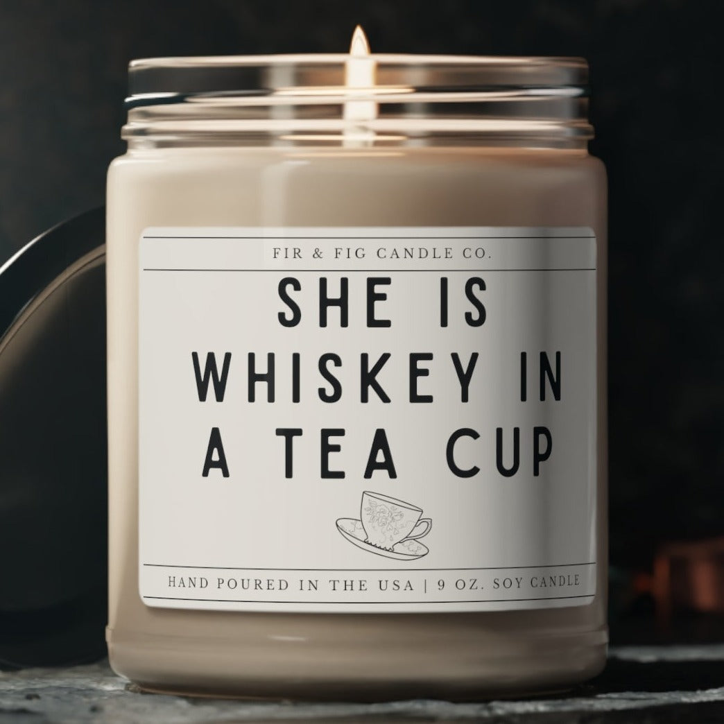 She is WHISKEY in a Tea Cup 100% Eco-Friendly 9oz Soy Candle, Funny Candle Gift, Gift for Him,Gift for Her, Gift Mode Candle, Whiskey Candle, #SoyCandle,EcoFriendly,FunnyGift,GiftForHer,HomeDecor,Humor,CandleLover,Whiskey In A Tea Cup