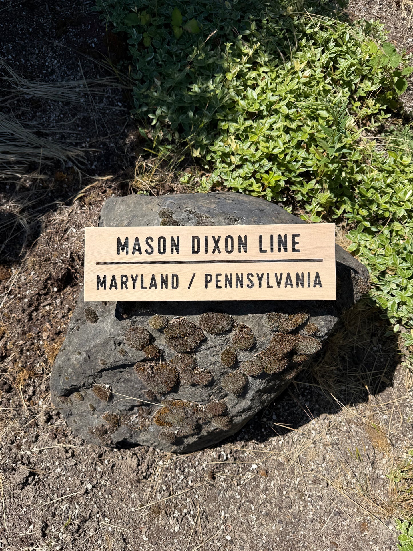 Mason Dixon Line sign on a rock with greenery in the background
