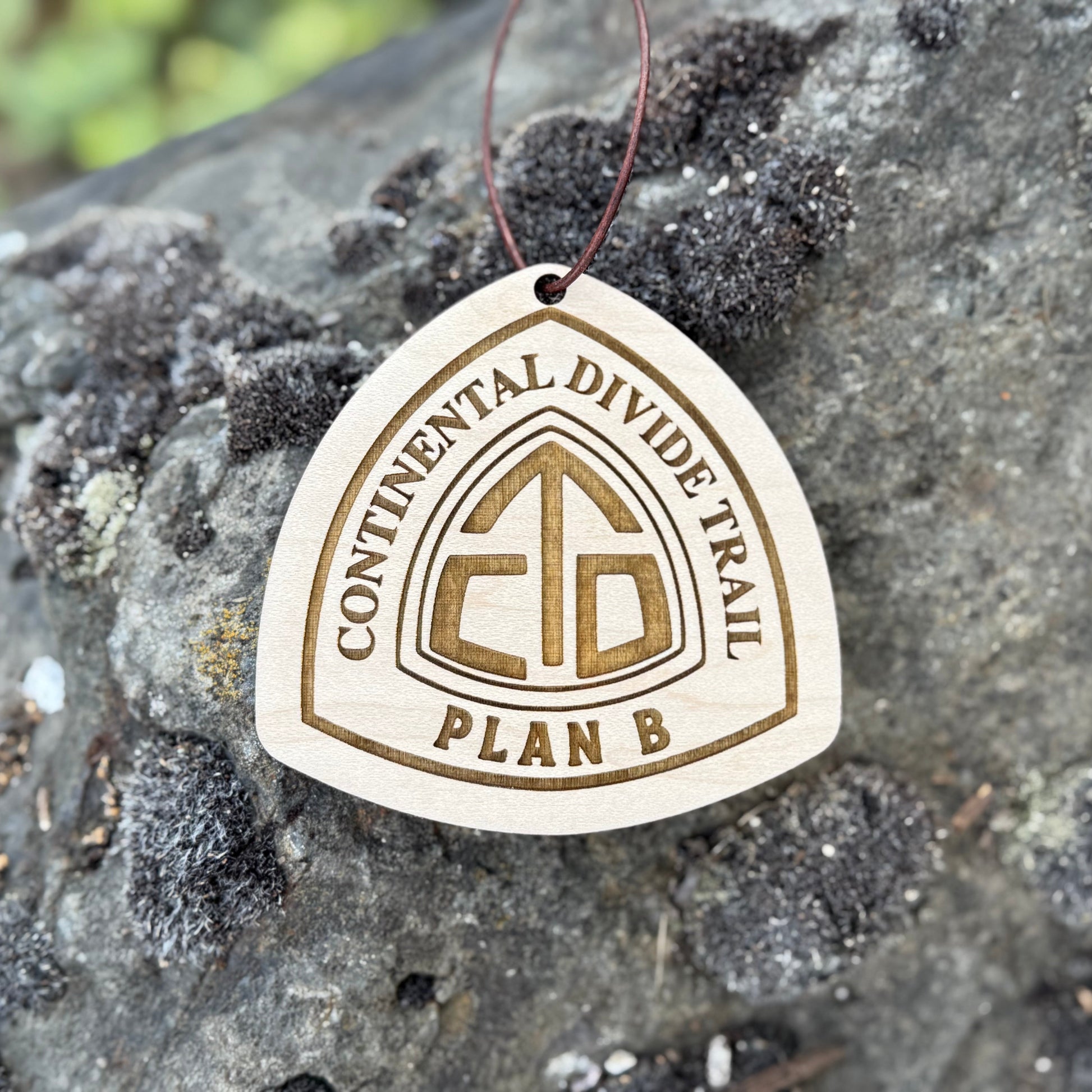 Personalized Continental Divide Trail backpack tag engraved with hiker’s trail name. Lightweight reclaimed wood gear, perfect CDT thru-hiker gift, trail angel surprise, or hiking ornament. Eco-friendly and handmade in the Pacific Northwest.