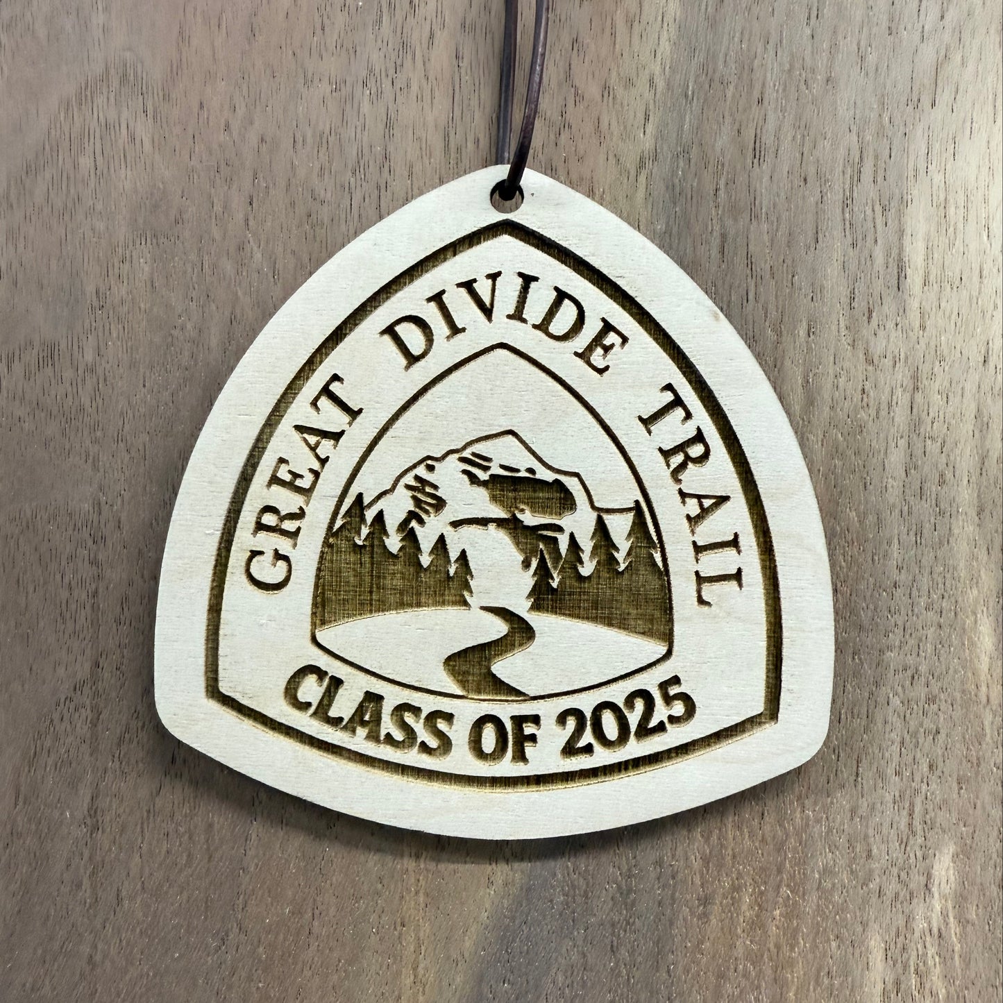 Great Divide Trail wooden hangtag, personalized with hiker’s trail name, laser engraved on reclaimed wood, lightweight and durable, perfect for backpacks, gear, trail trading, gifts, ornaments, and long-distance adventures