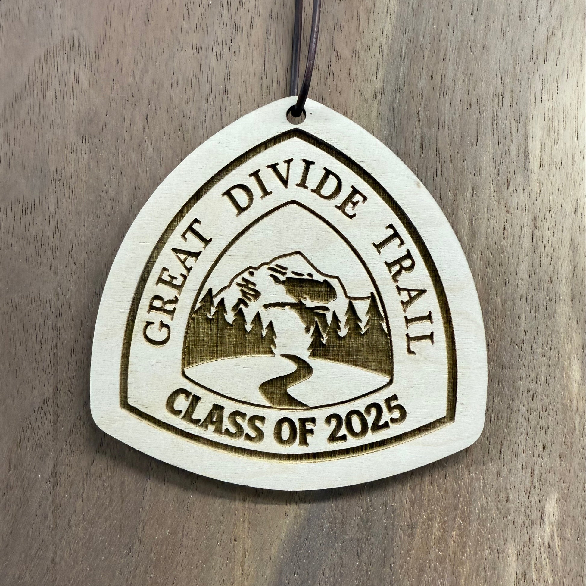 Great Divide Trail wooden hangtag, personalized with hiker’s trail name, laser engraved on reclaimed wood, lightweight and durable, perfect for backpacks, gear, trail trading, gifts, ornaments, and long-distance adventures