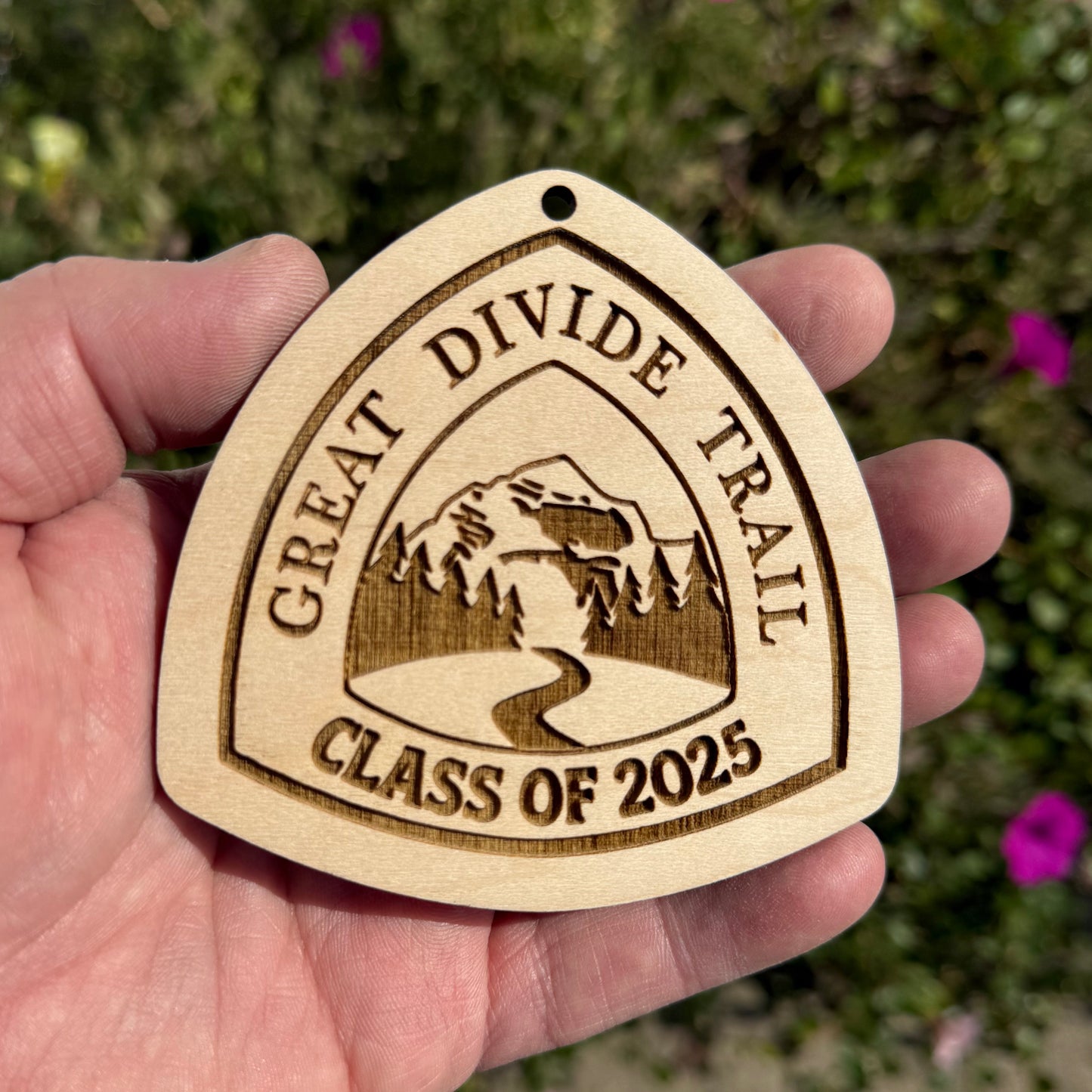 Great Divide Trail wooden hangtag, personalized with hiker’s trail name, laser engraved on reclaimed wood, lightweight and durable, perfect for backpacks, gear, trail trading, gifts, ornaments, and long-distance adventures