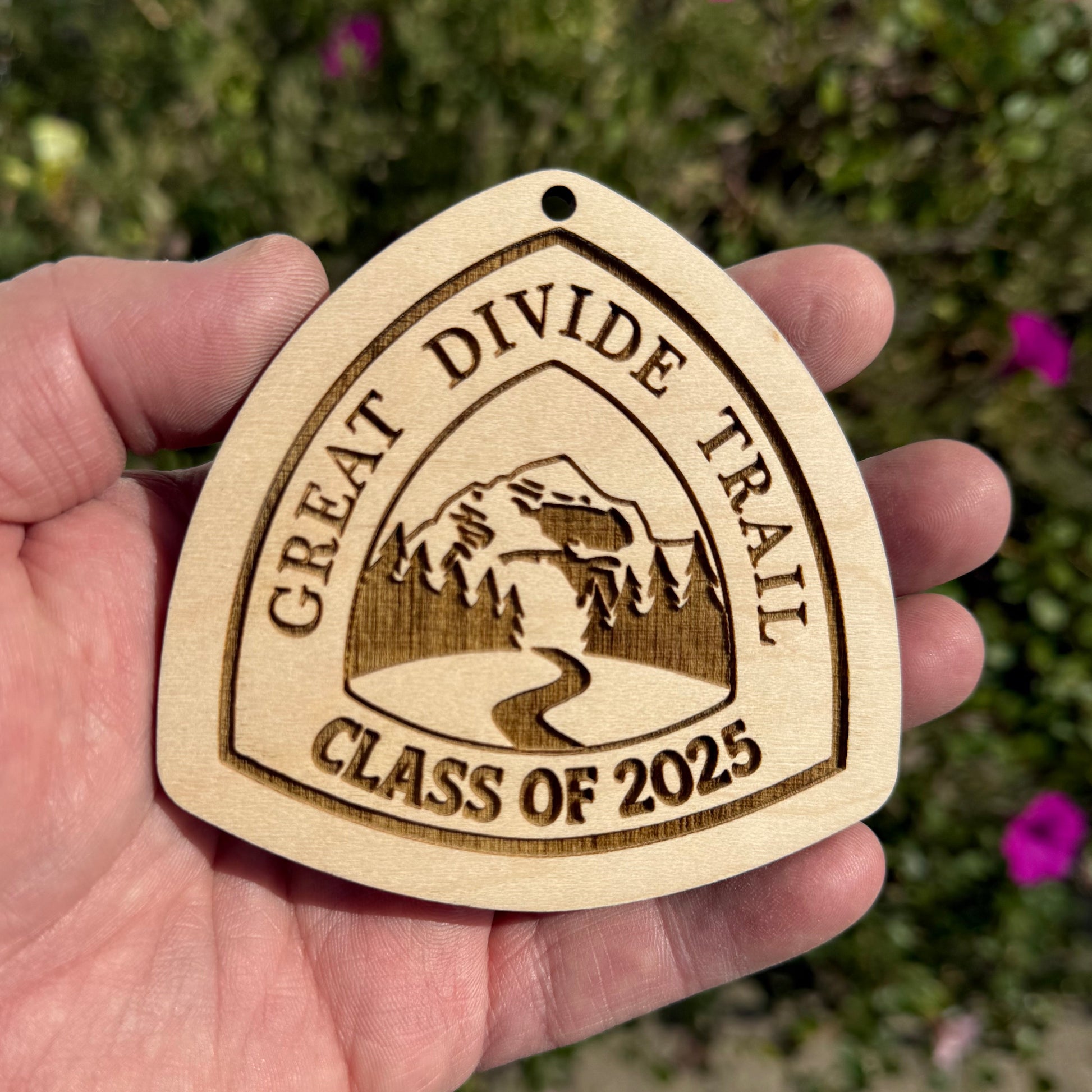 Great Divide Trail wooden hangtag, personalized with hiker’s trail name, laser engraved on reclaimed wood, lightweight and durable, perfect for backpacks, gear, trail trading, gifts, ornaments, and long-distance adventures