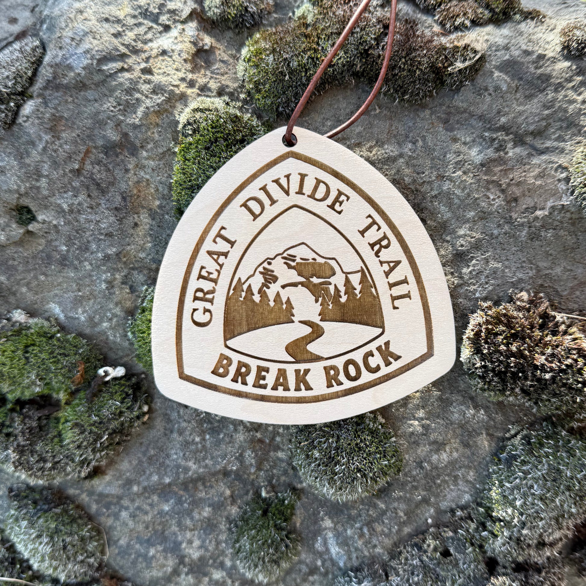 Great Divide Trail wooden hangtag, personalized with hiker’s trail name, laser engraved on reclaimed wood, lightweight and durable, perfect for backpacks, gear, trail trading, gifts, ornaments, and long-distance adventures