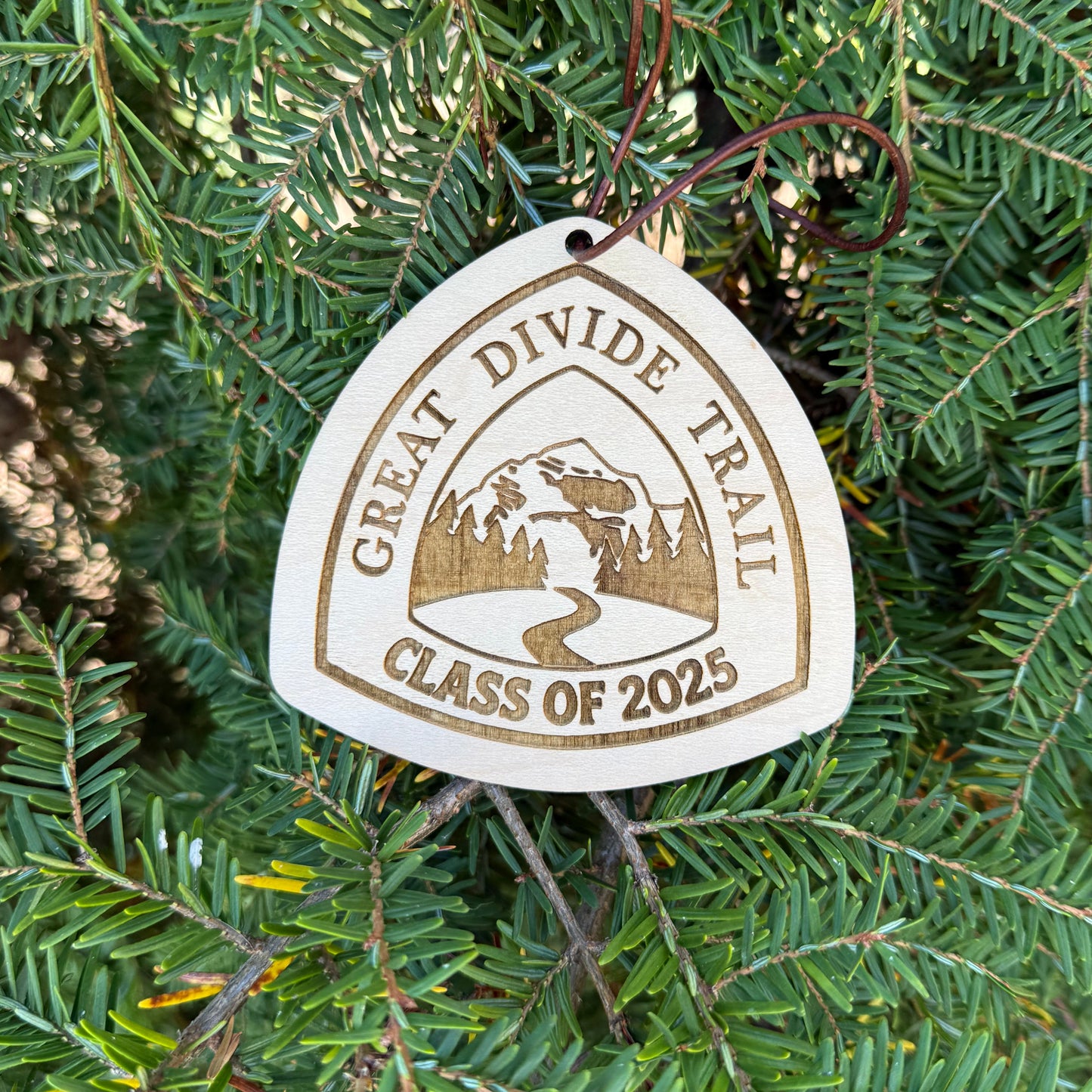 Great Divide Trail wooden hangtag, personalized with hiker’s trail name, laser engraved on reclaimed wood, lightweight and durable, perfect for backpacks, gear, trail trading, gifts, ornaments, and long-distance adventures