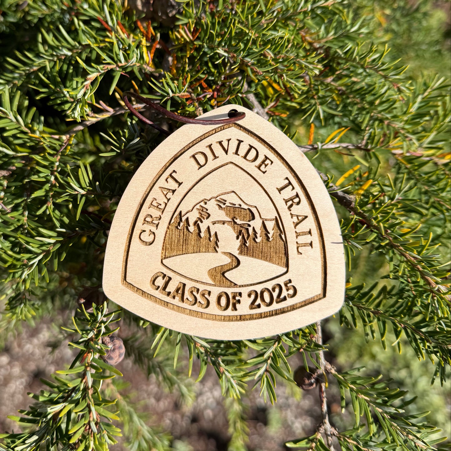 Great Divide Trail wooden hangtag, personalized with hiker’s trail name, laser engraved on reclaimed wood, lightweight and durable, perfect for backpacks, gear, trail trading, gifts, ornaments, and long-distance adventures