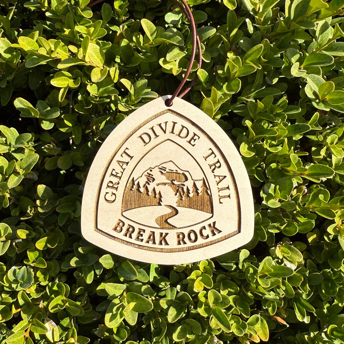 Great Divide Trail wooden hangtag, personalized with hiker’s trail name, laser engraved on reclaimed wood, lightweight and durable, perfect for backpacks, gear, trail trading, gifts, ornaments, and long-distance adventures