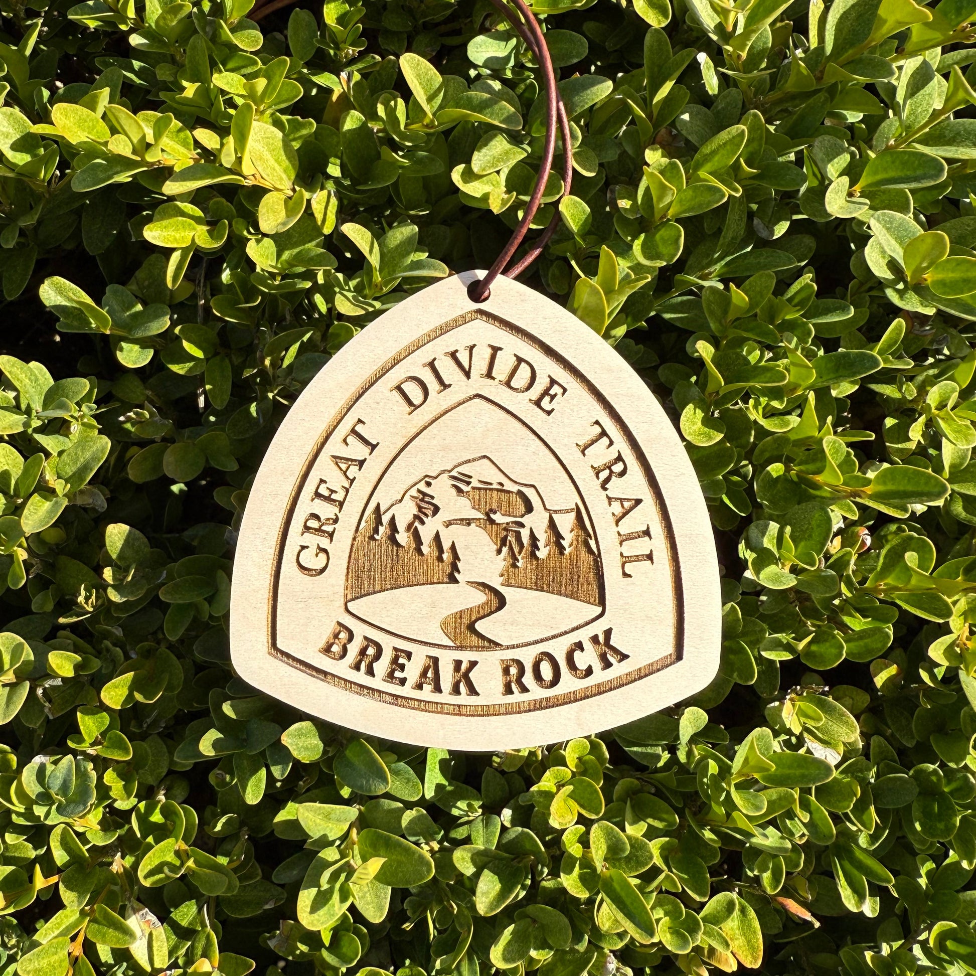 Great Divide Trail wooden hangtag, personalized with hiker’s trail name, laser engraved on reclaimed wood, lightweight and durable, perfect for backpacks, gear, trail trading, gifts, ornaments, and long-distance adventures