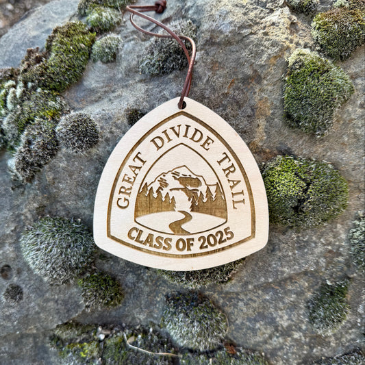 Great Divide Trail wooden hangtag, personalized with hiker’s trail name, laser engraved on reclaimed wood, lightweight and durable, perfect for backpacks, gear, trail trading, gifts, ornaments, and long-distance adventures