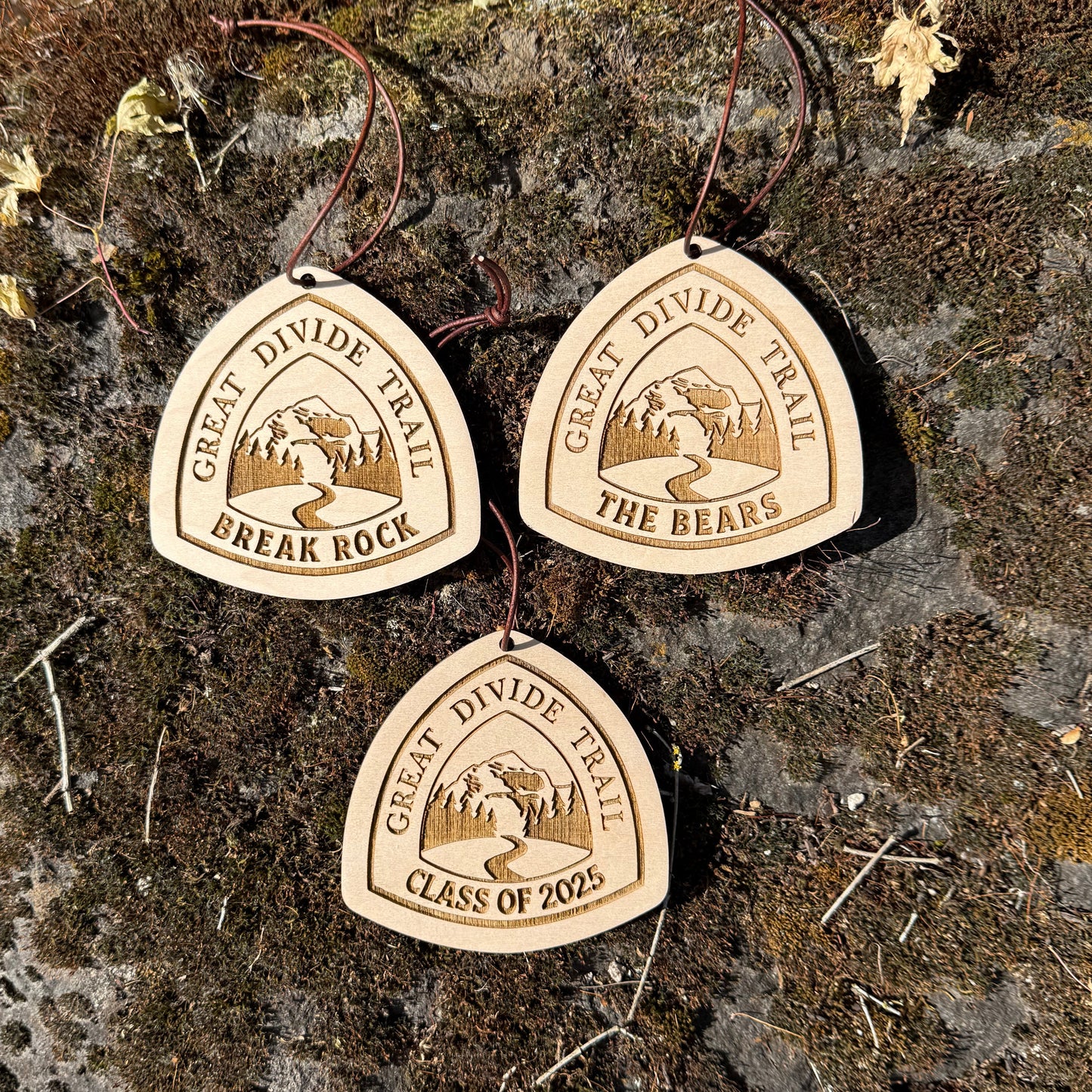 Great Divide Trail wooden hangtag, personalized with hiker’s trail name, laser engraved on reclaimed wood, lightweight and durable, perfect for backpacks, gear, trail trading, gifts, ornaments, and long-distance adventures