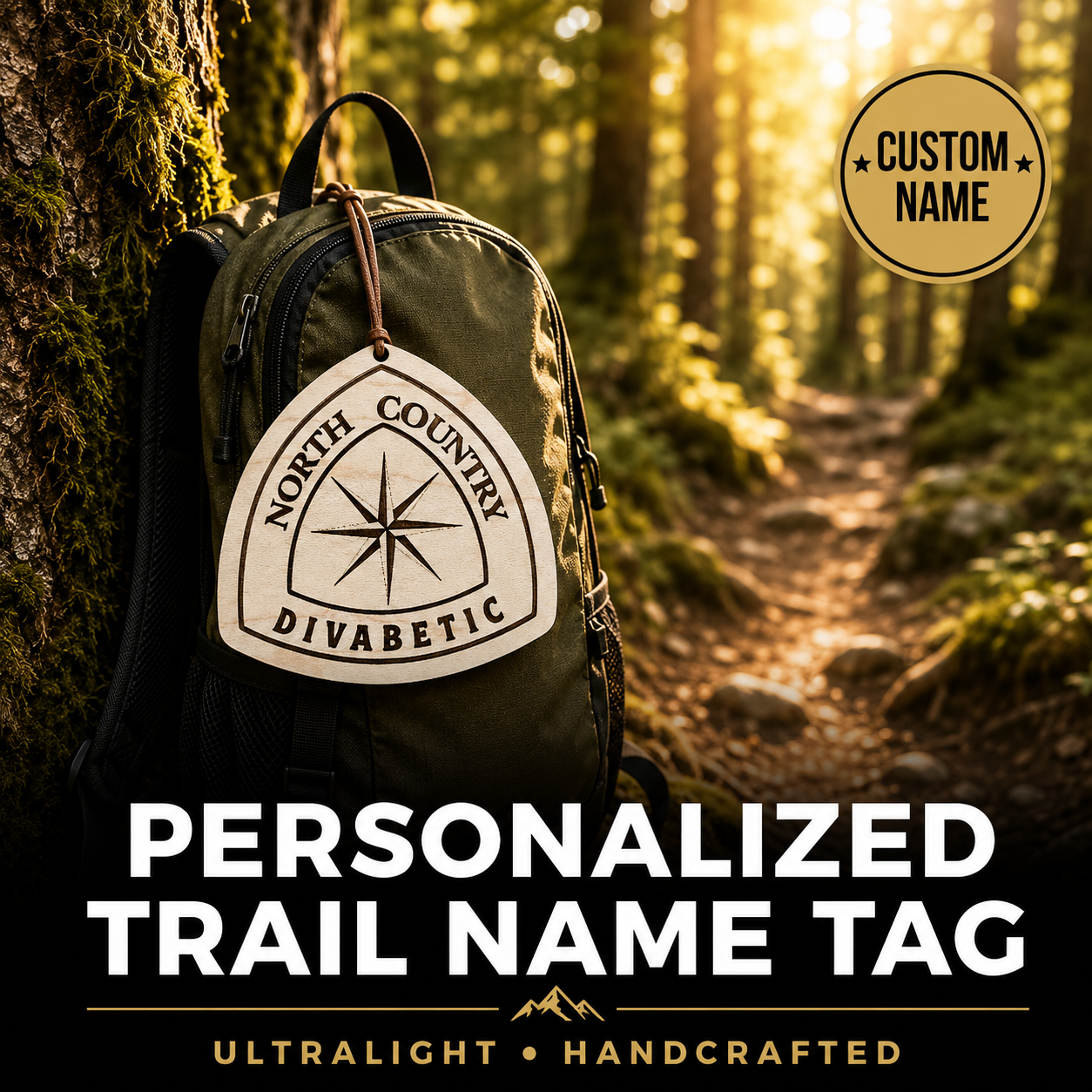 Backpack with a personalized trail name tag in a forest setting