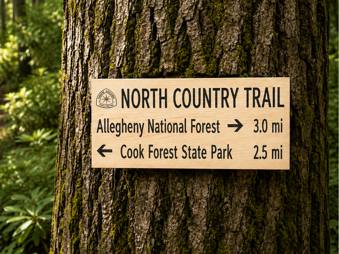 Wooden trail sign on a tree in a forest, indicating directions to North Country Trail and distances to other parks.
