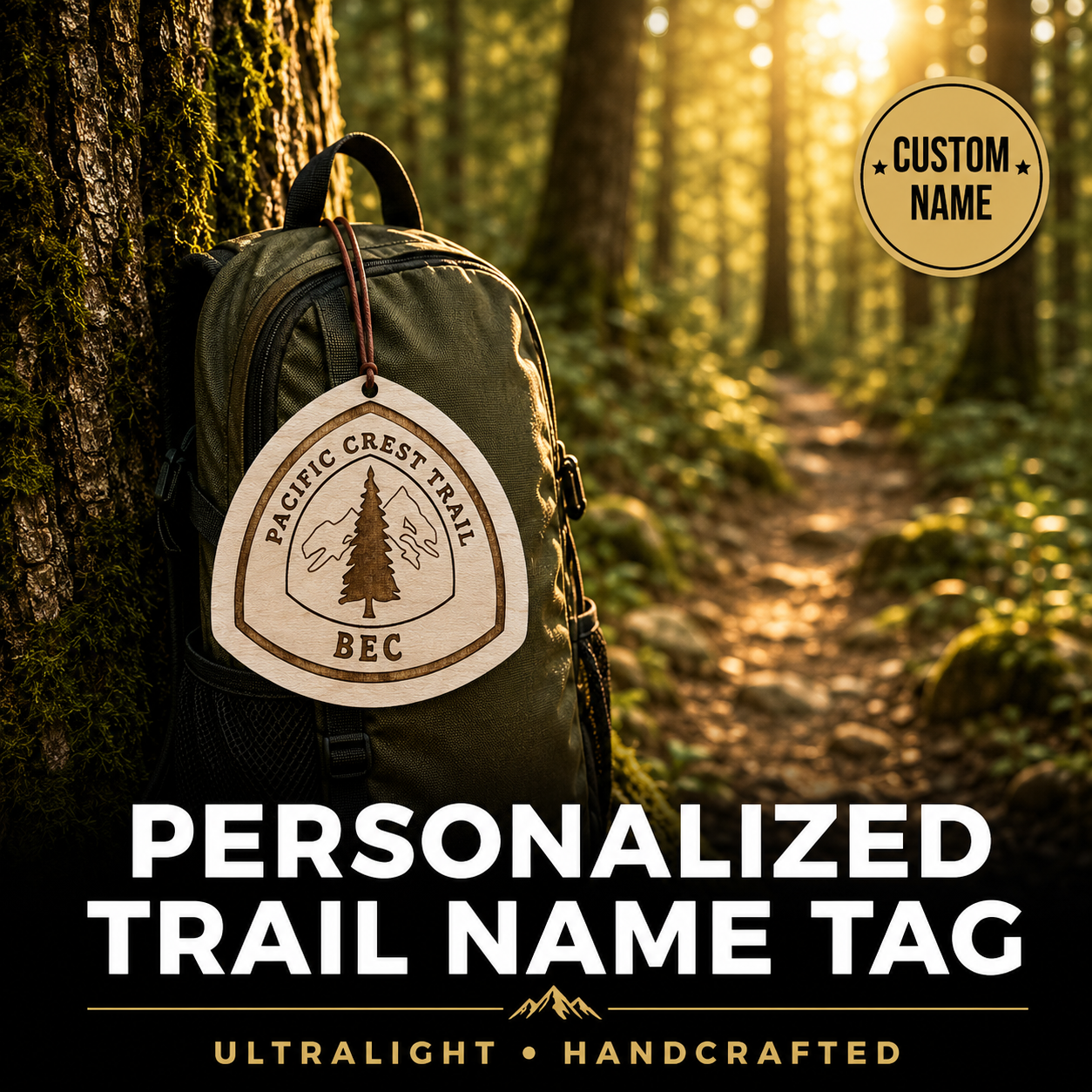 Backpack with a Pacific Crest Trail name tag in a forest setting