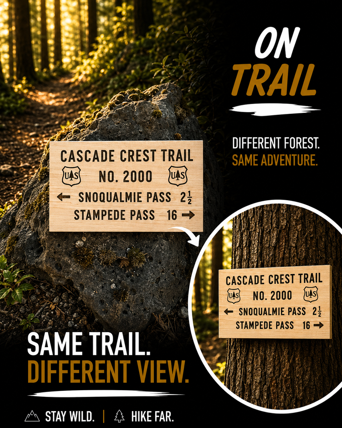 A promotional graphic for trail signage in a forest setting. The main scene shows a large rock in a sunlit woodland with a wooden trail sign reading 'CASCADE CREST TRAIL No.