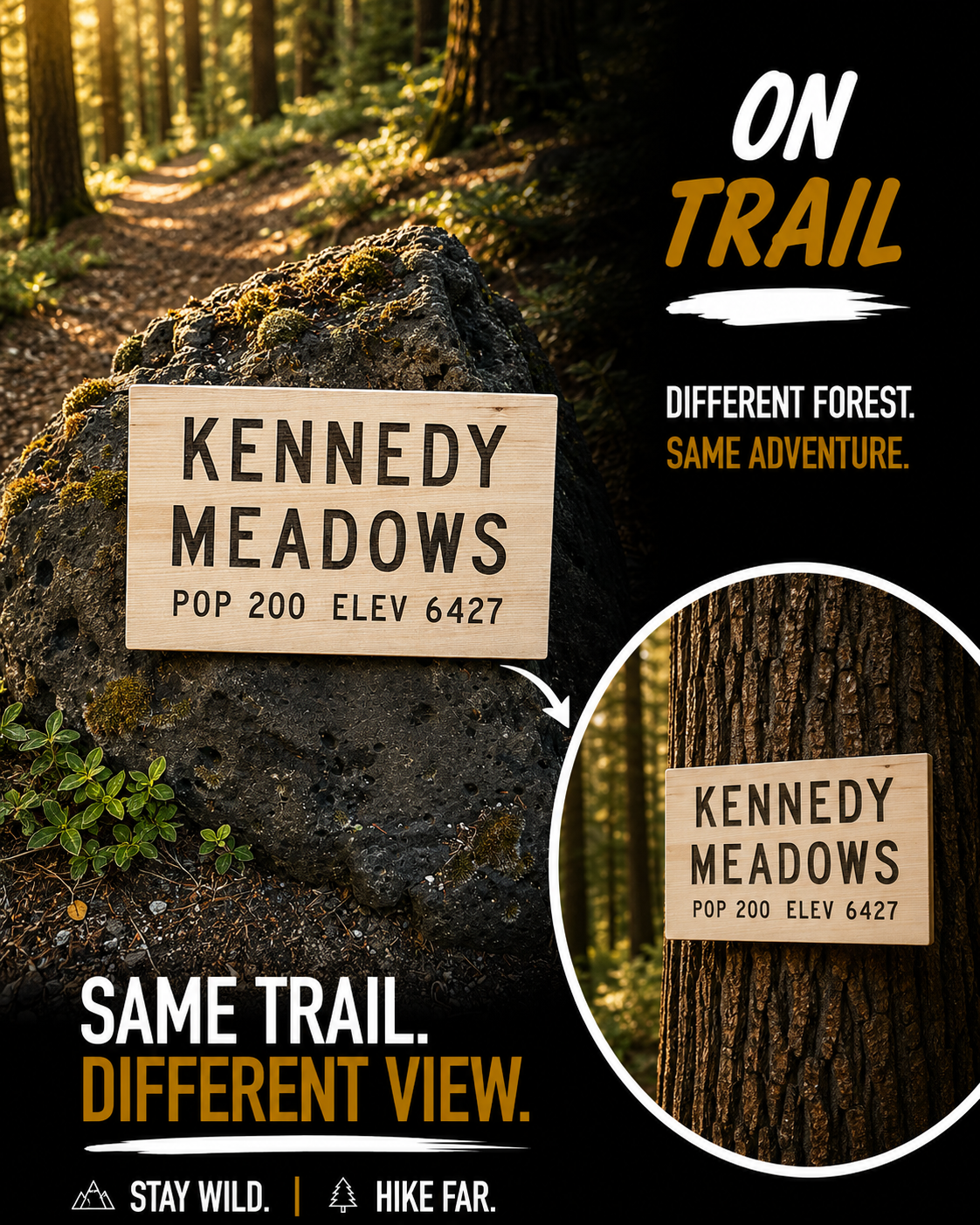 Handmade Pacific Crest Trail Kennedy Meadows wooden sign inspired by one of the most recognized stops on the PCT