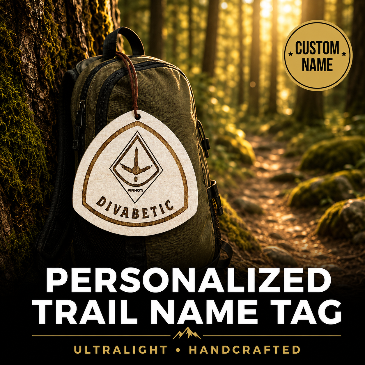 Backpack with a personalized trail name tag in a forest setting
