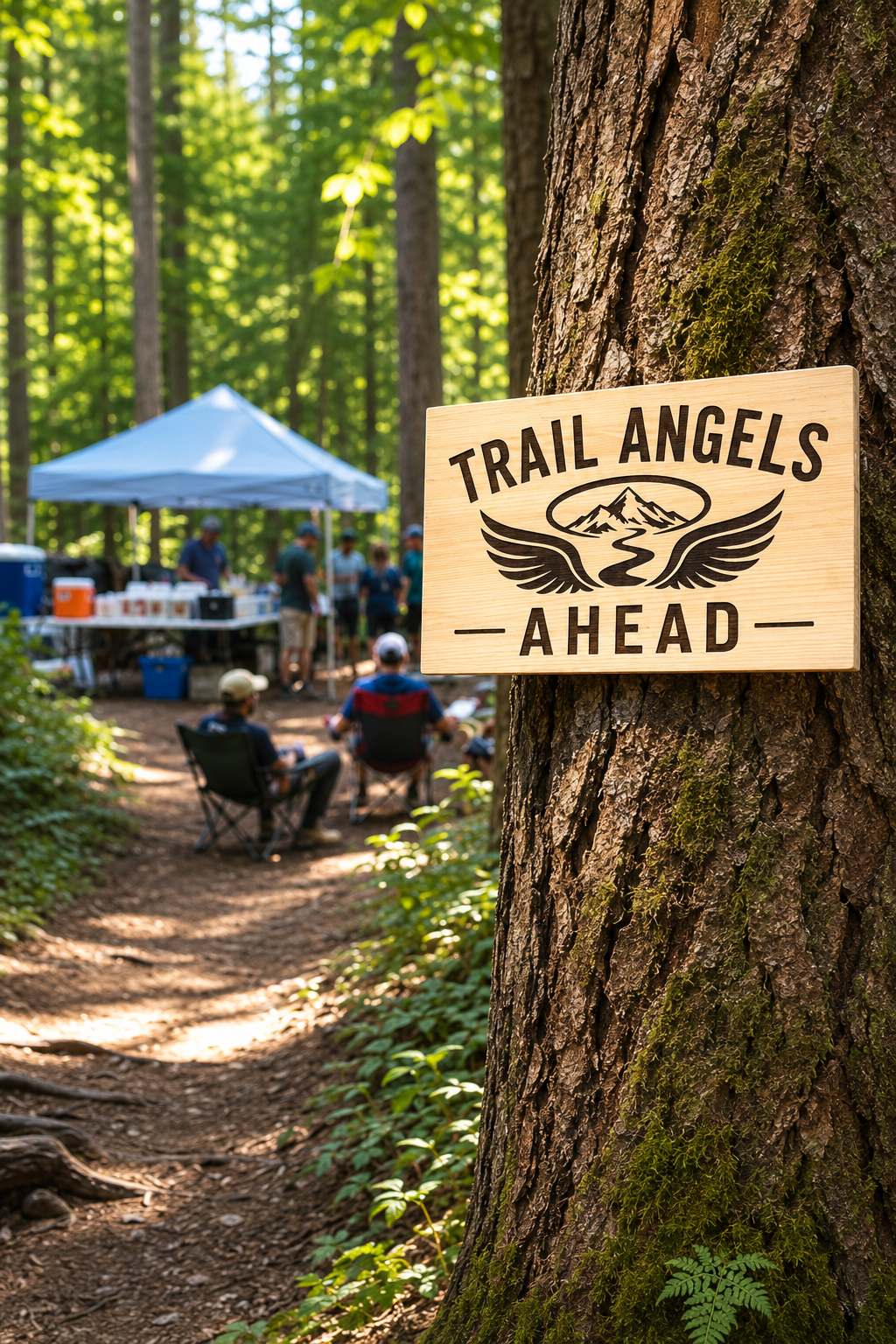 Handcrafted Trail Angels Ahead wooden sign mounted on a tree welcoming hikers to trail magic along a hiking trail.