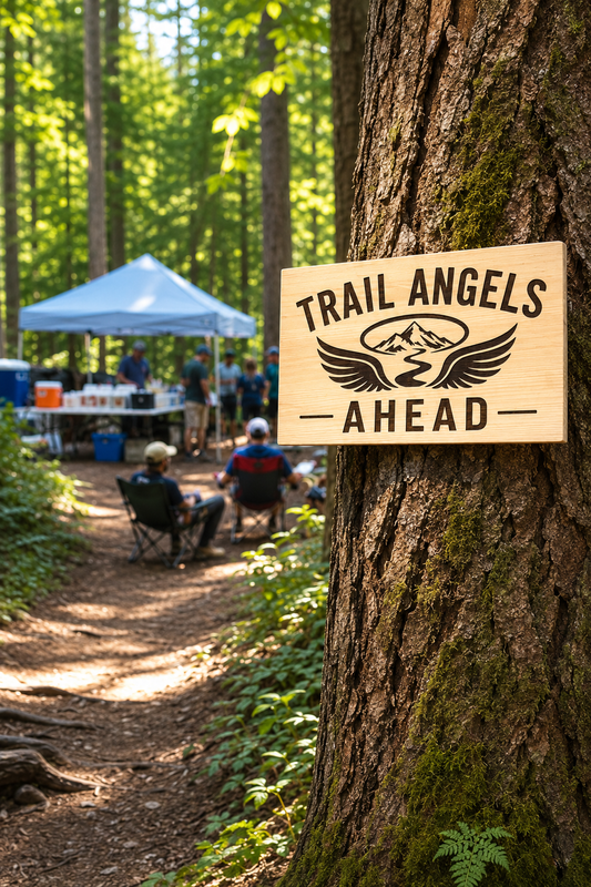Handcrafted Trail Angels Ahead wooden sign mounted on a tree welcoming hikers to trail magic along a hiking trail.
