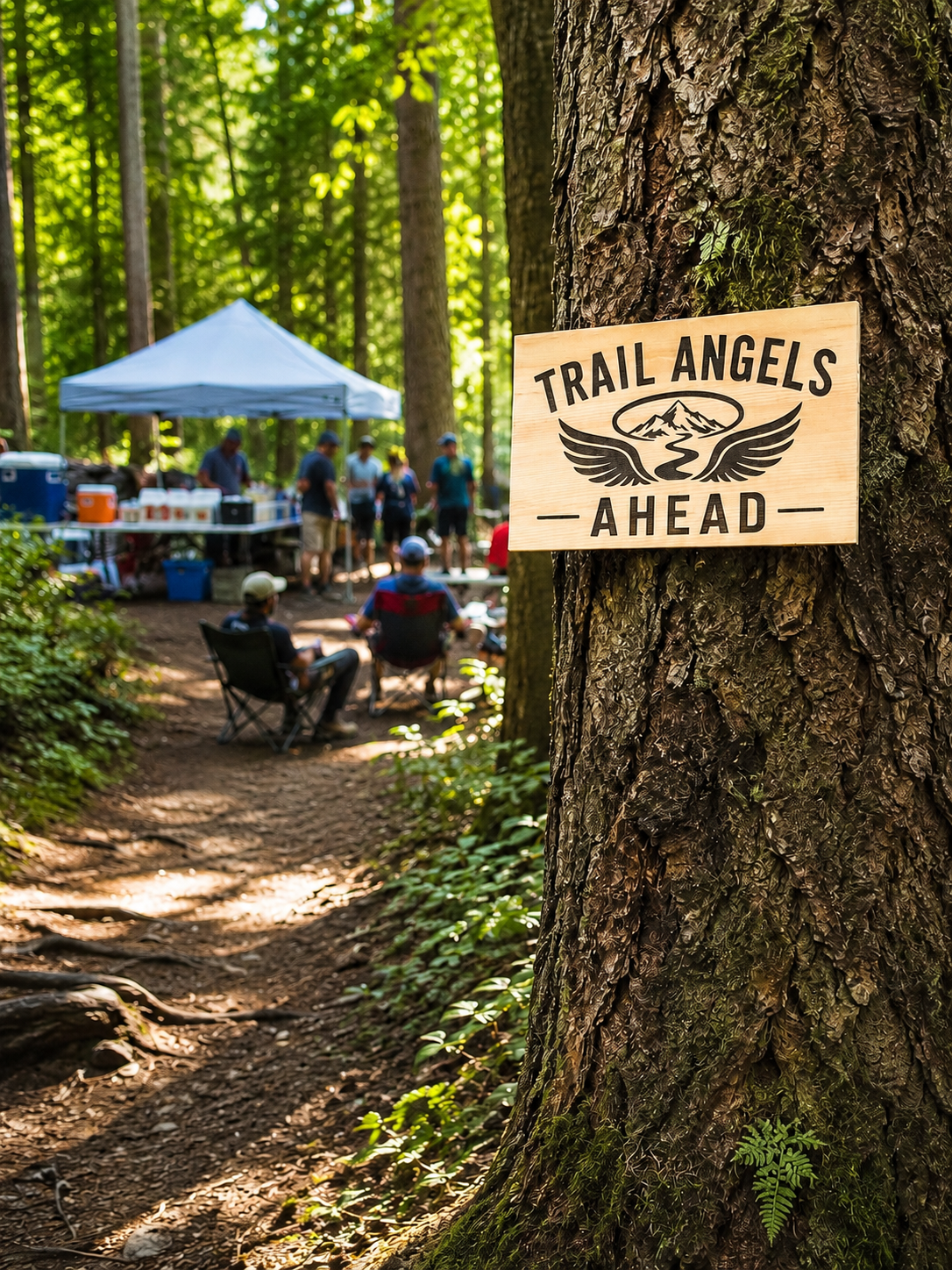 Handmade laser engraved Trail Angels Ahead wooden sign crafted for hikers, hostels, outdoor décor, and trail lovers