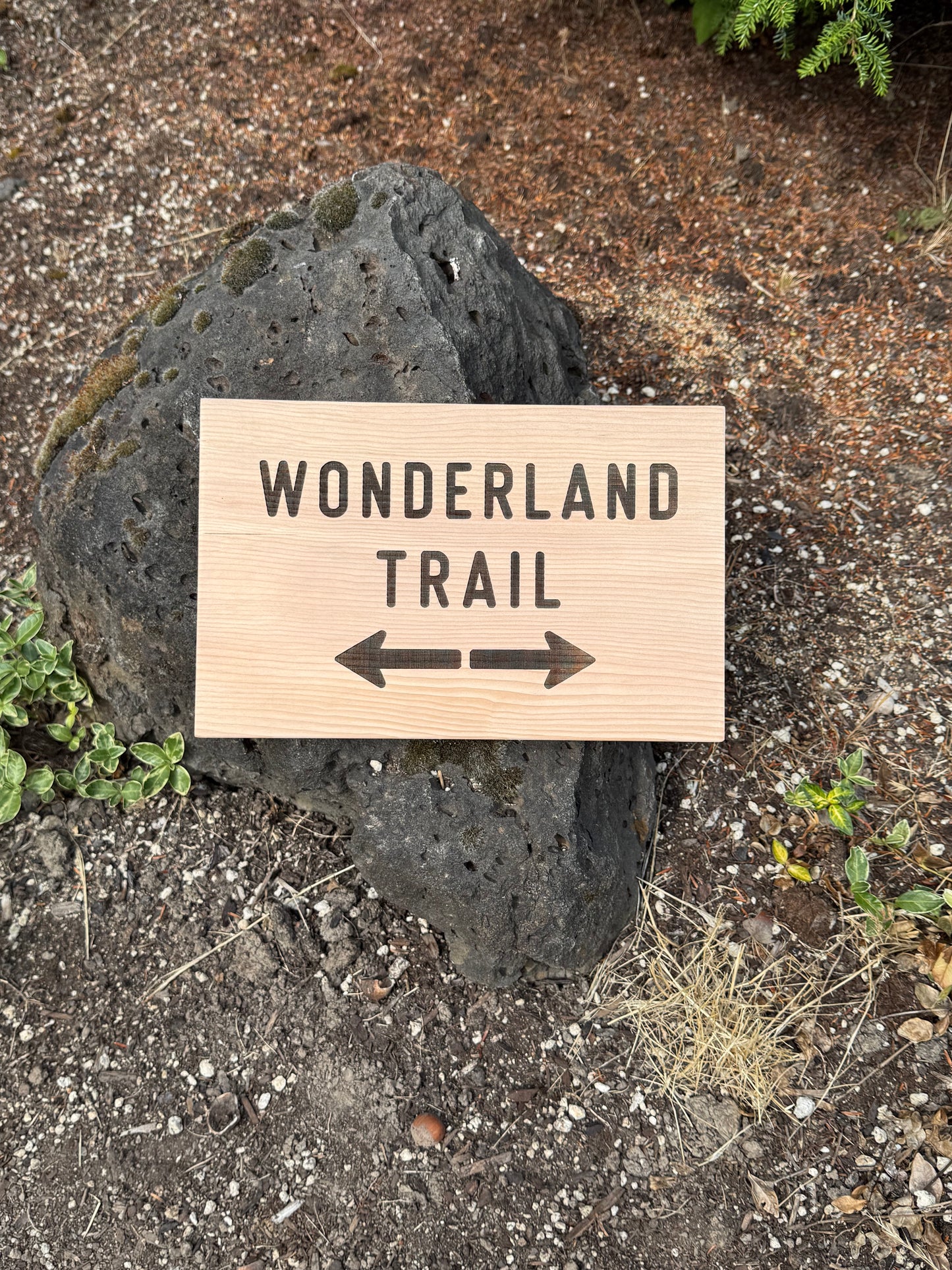 Wooden sign with 'Wonderland Trail' text on a rock surface