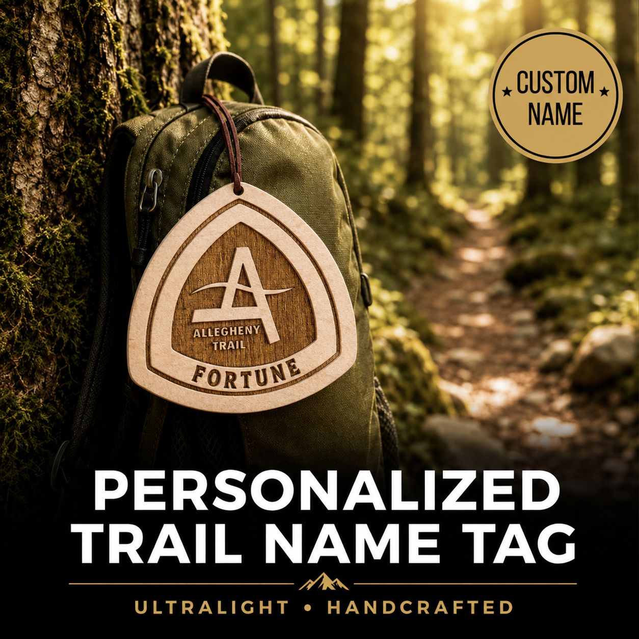 Personalized Allegheny Trail wooden backpack tag with custom trail name hanging from a hiking backpack. Lightweight handcrafted hiking gift for Allegheny Trail hikers and backpackers.