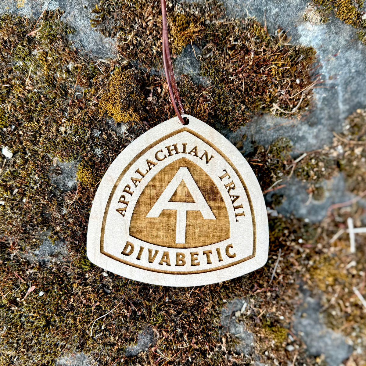 Appalachian Trail wooden tag photographed against a rocky surface with autumn-colored foliage