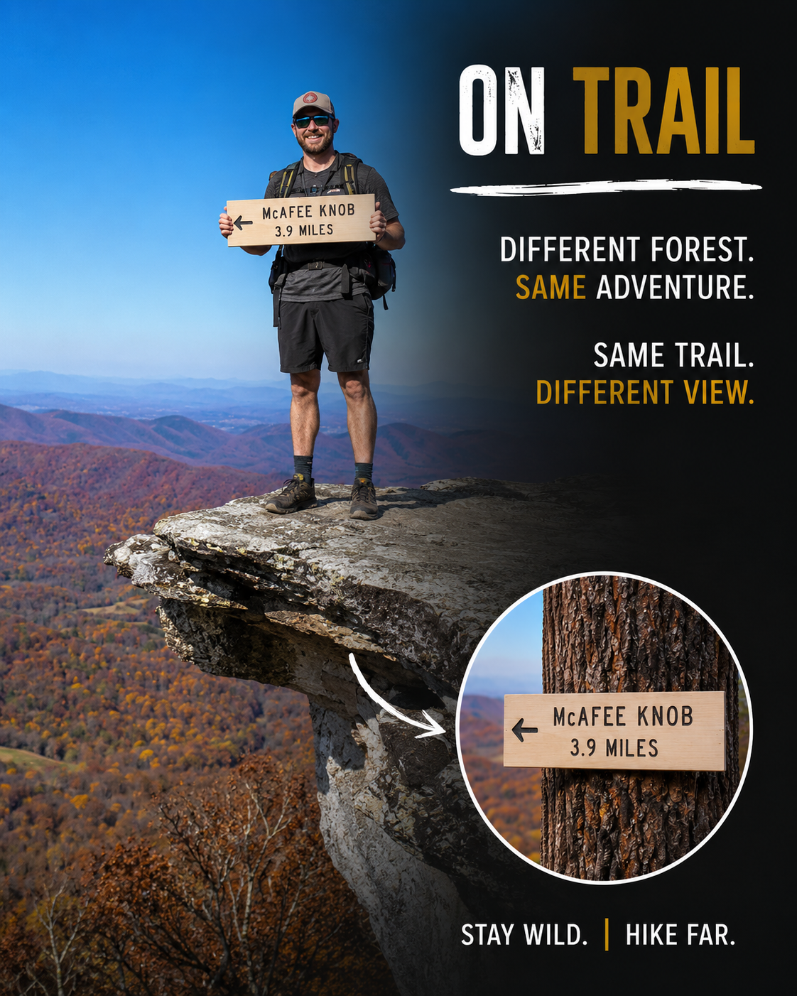 Appalachian Trail McAfee Knob wooden trail sign handcrafted for AT hikers, backpackers, thru hikers, and outdoor adventure enthusiasts
