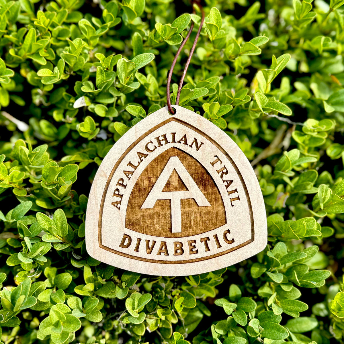 Engraved Appalachian Trail wooden tag surrounded by bright green foliage