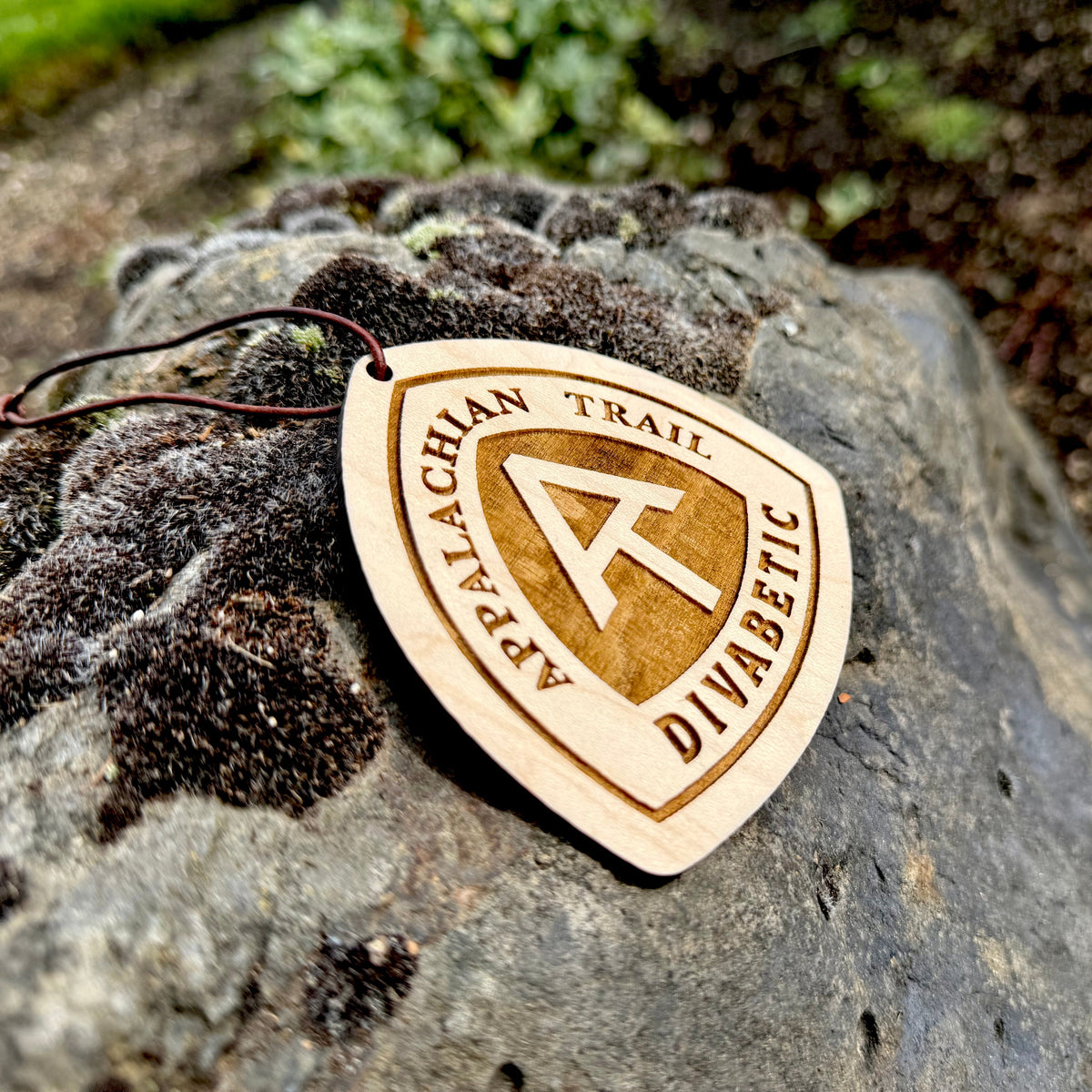 Close-up of a wooden Appalachian Trail hangtag resting on rocks