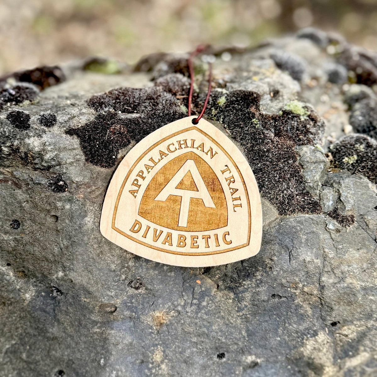 Appalachian Trail wooden hangtag resting on a textured rock surface