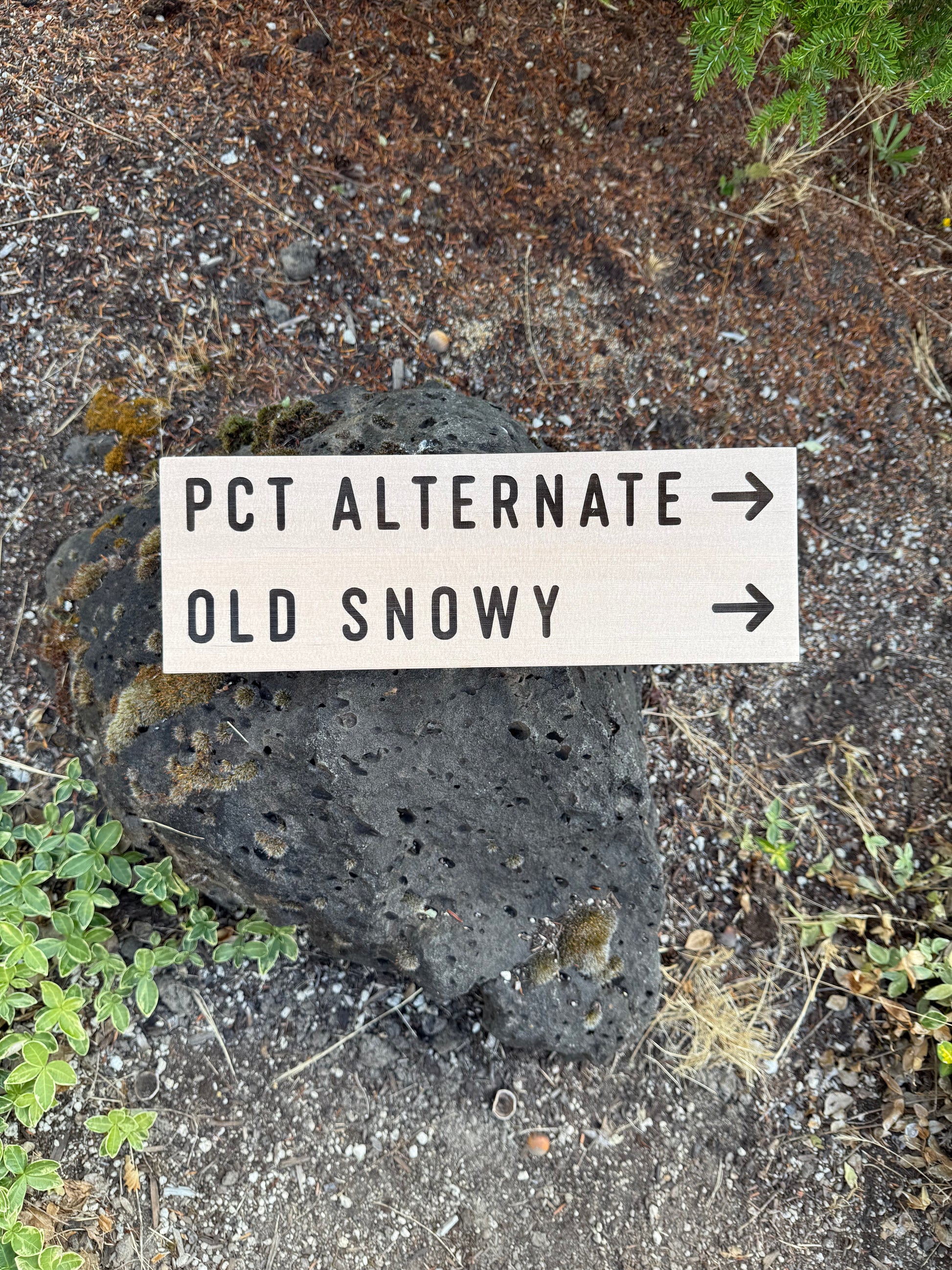 Handmade Old Snowy Trail sign for anyone searching for a Pacific Crest Trail gift, PCT thru hiker gift, or unique backpacking keepsake