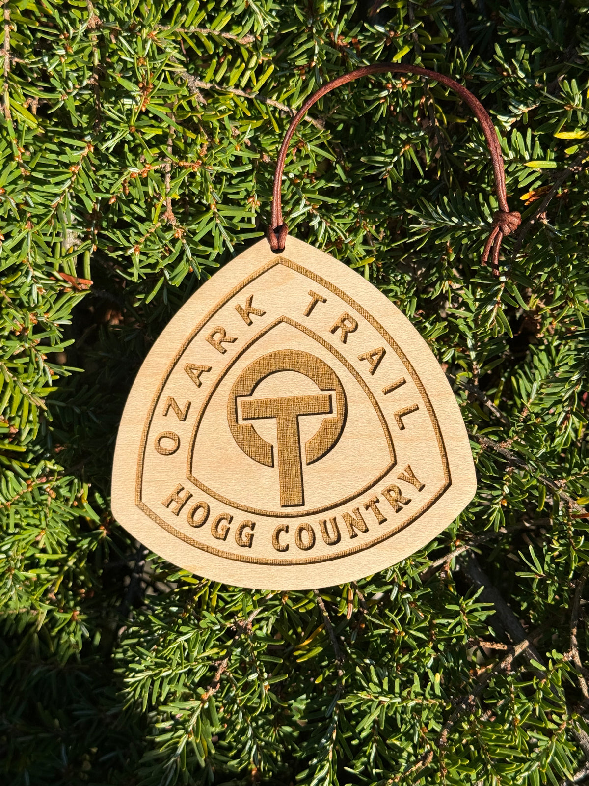 Custom Ozark Trail hiker tag featuring a personalized trail name, laser engraved on lightweight reclaimed wood